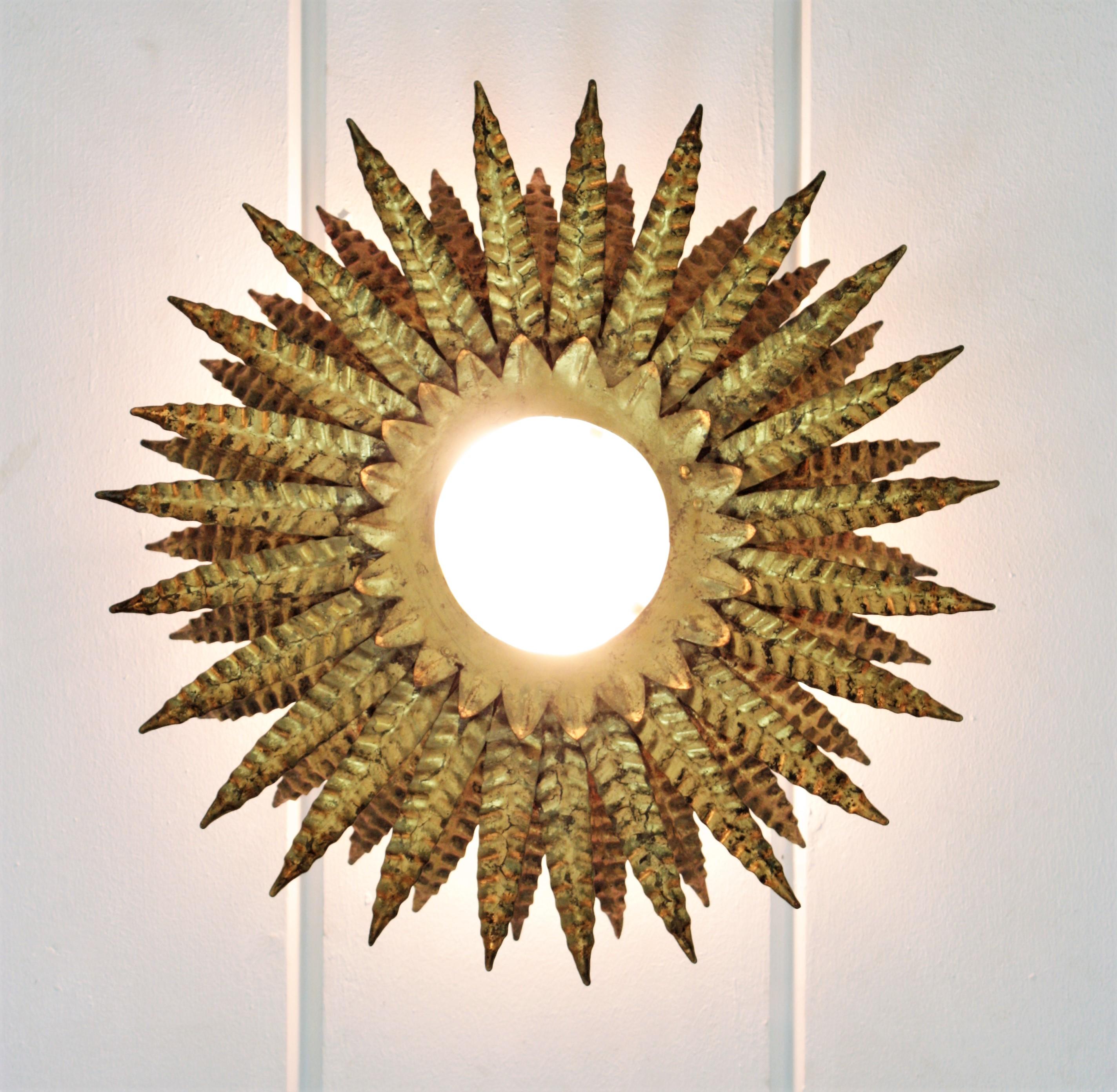 20th Century Sunburst Triple Layered Ceiling Light Fixture or Chandelier in Gilt Iron