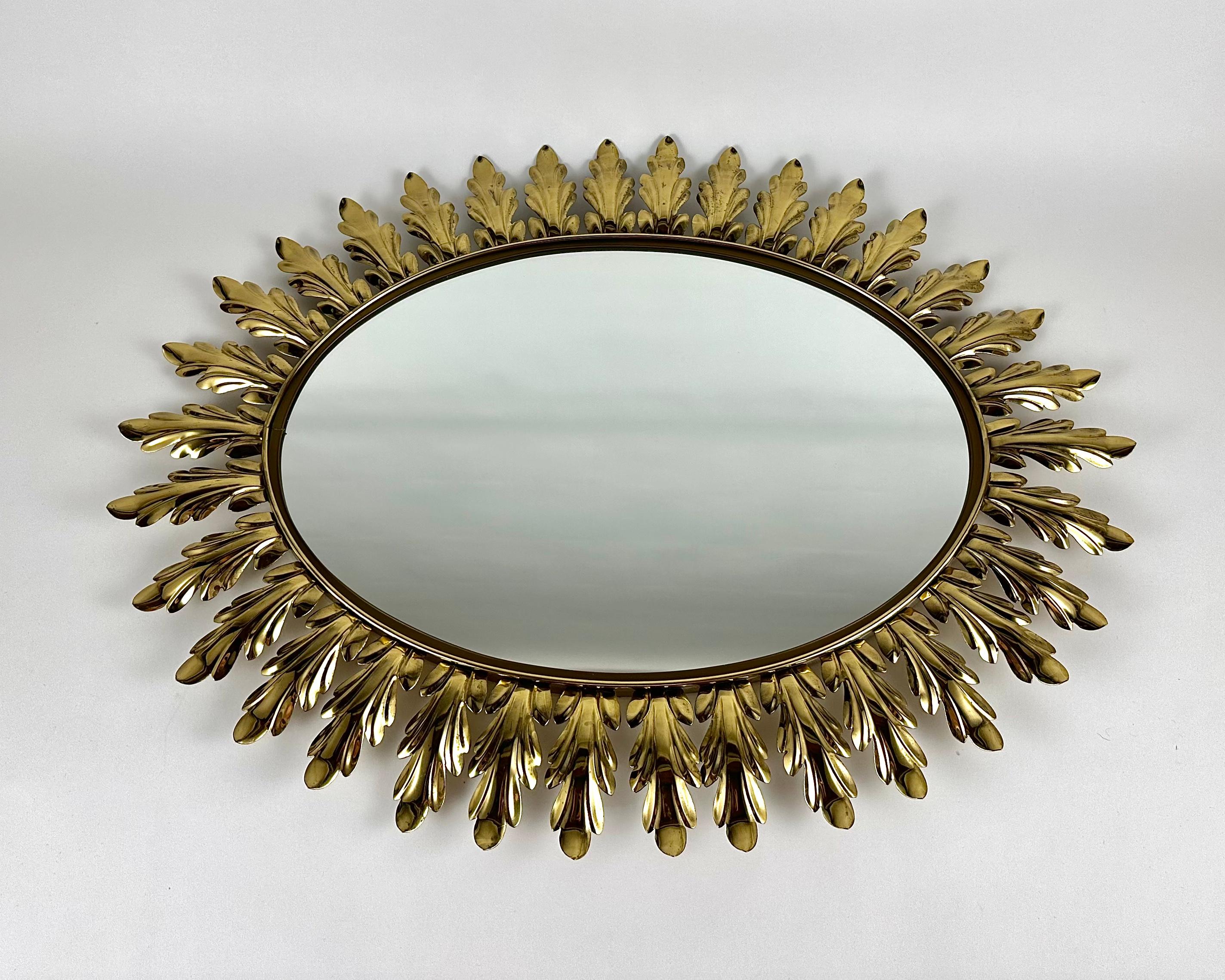  Sunburst Wall Mirror in Solid Acanthus Leaf Metal Frame, Belgium, 1970s In Excellent Condition For Sale In Bastogne, BE