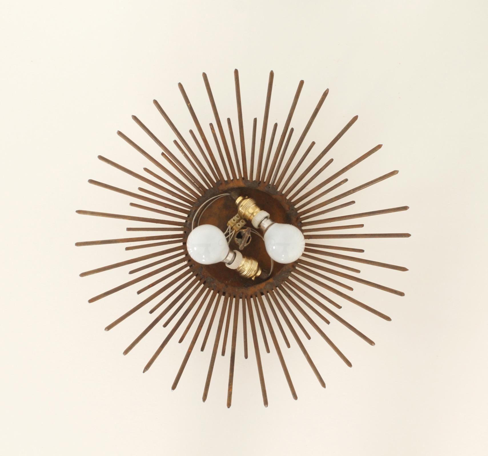 Sunburst Wall or Ceiling Lamp in Gilt Iron from 1940's, France For Sale 3