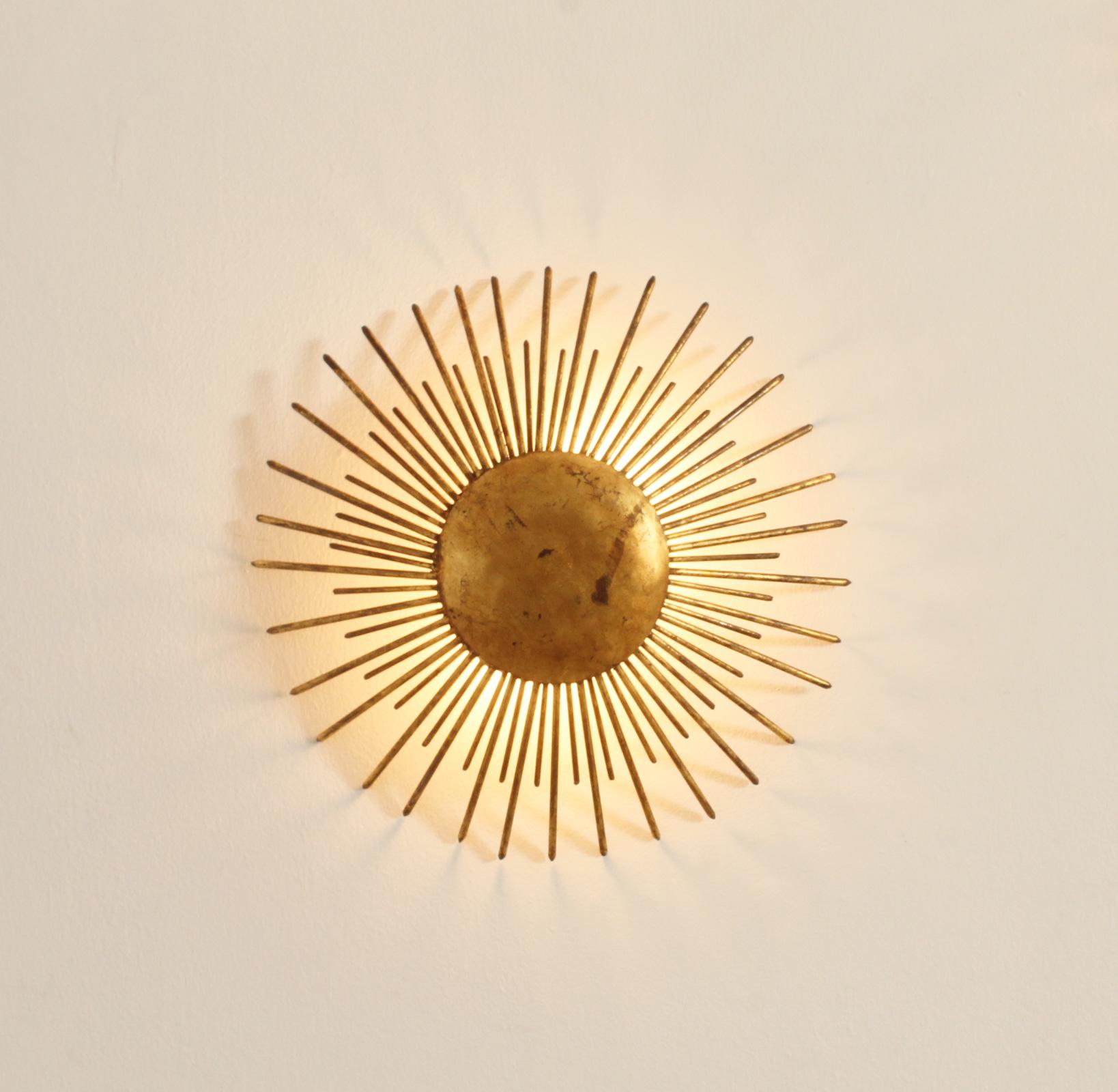 Forged Sunburst Wall or Ceiling Lamp in Gilt Iron from 1940's, France For Sale