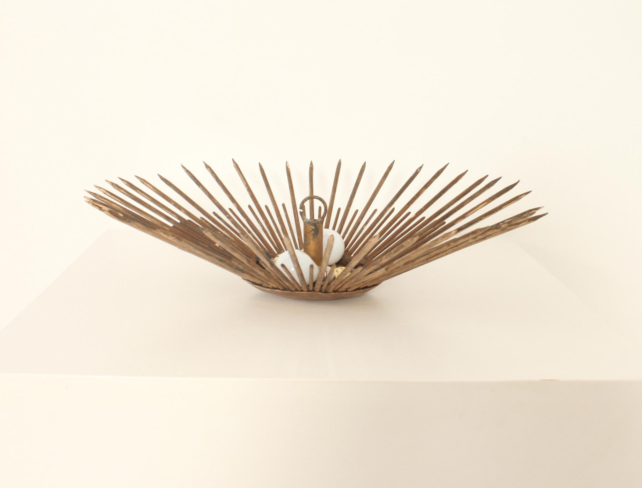 Sunburst Wall or Ceiling Lamp in Gilt Iron from 1940's, France For Sale 2