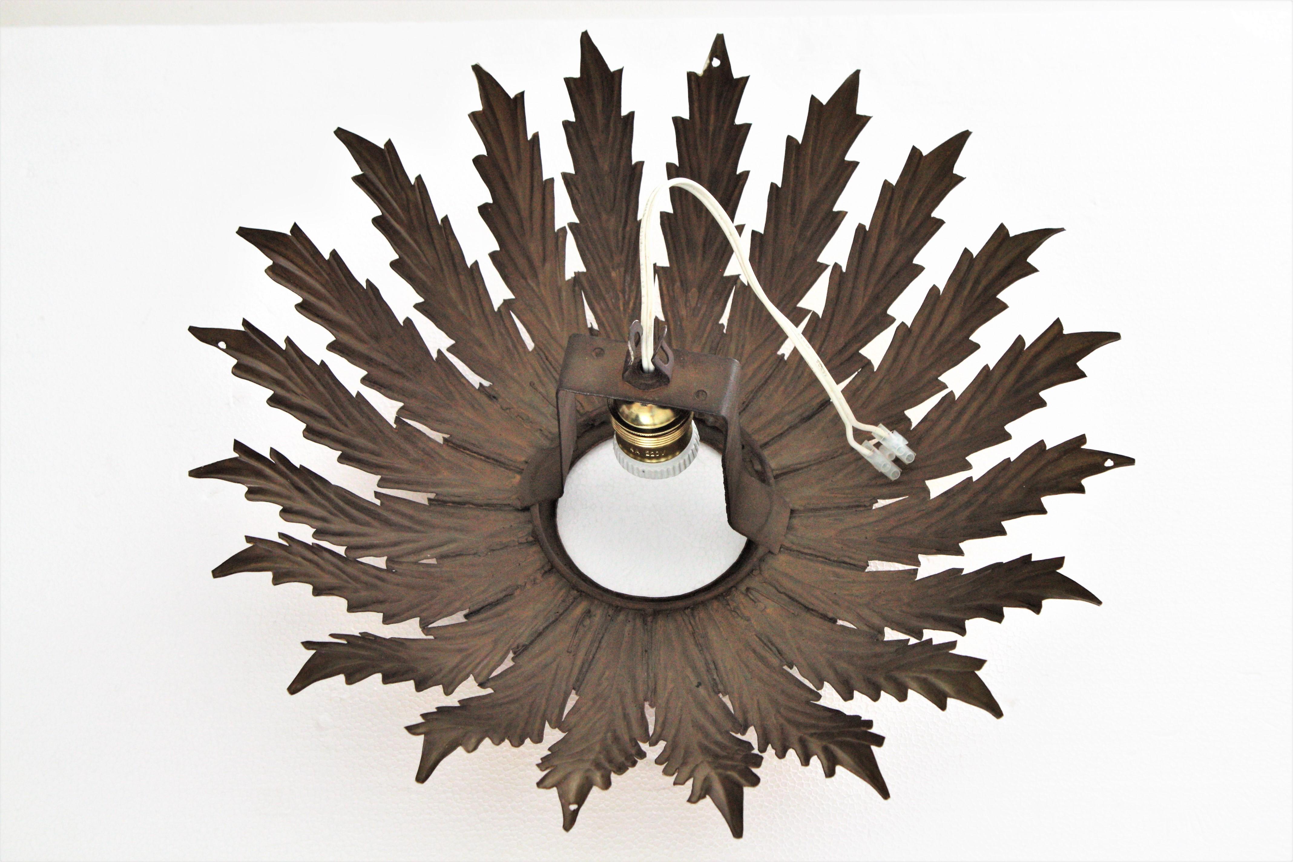 French Sunburst Light Fixture with Scalloped Leaves, Gilt Iron,  1950s For Sale 4