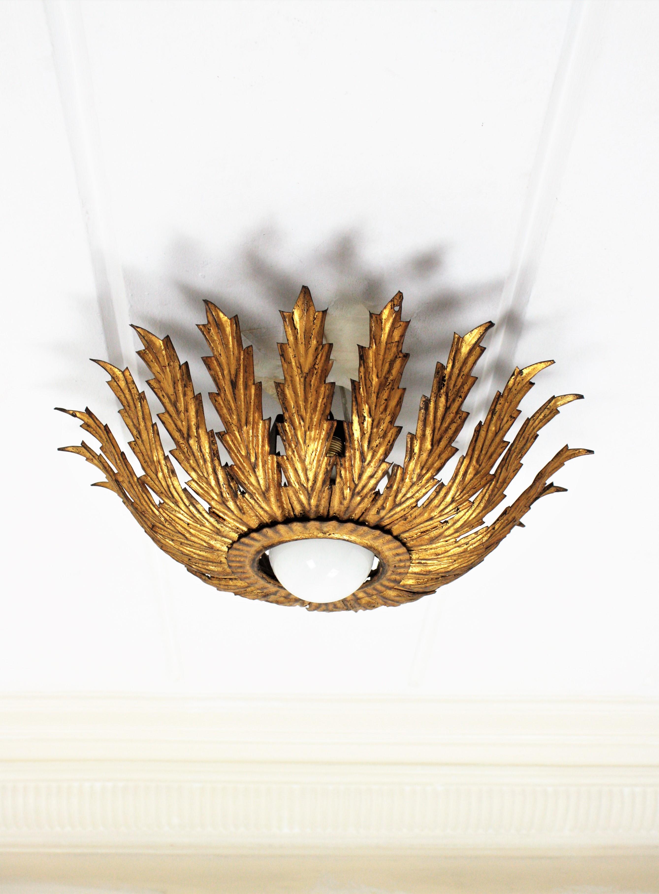 French Sunburst Light Fixture with Scalloped Leaves, Gilt Iron,  1950s For Sale 5