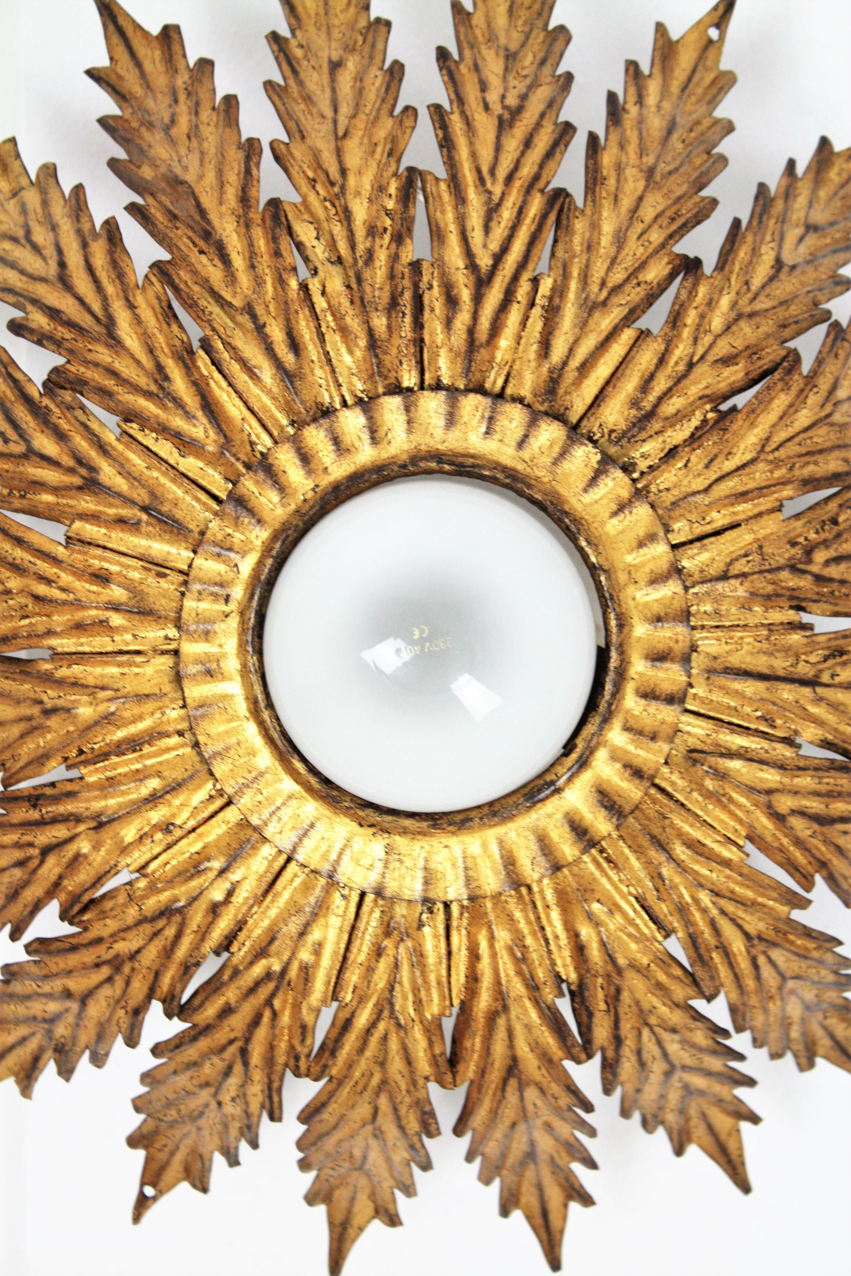 Hammered French Sunburst Light Fixture with Scalloped Leaves, Gilt Iron,  1950s For Sale