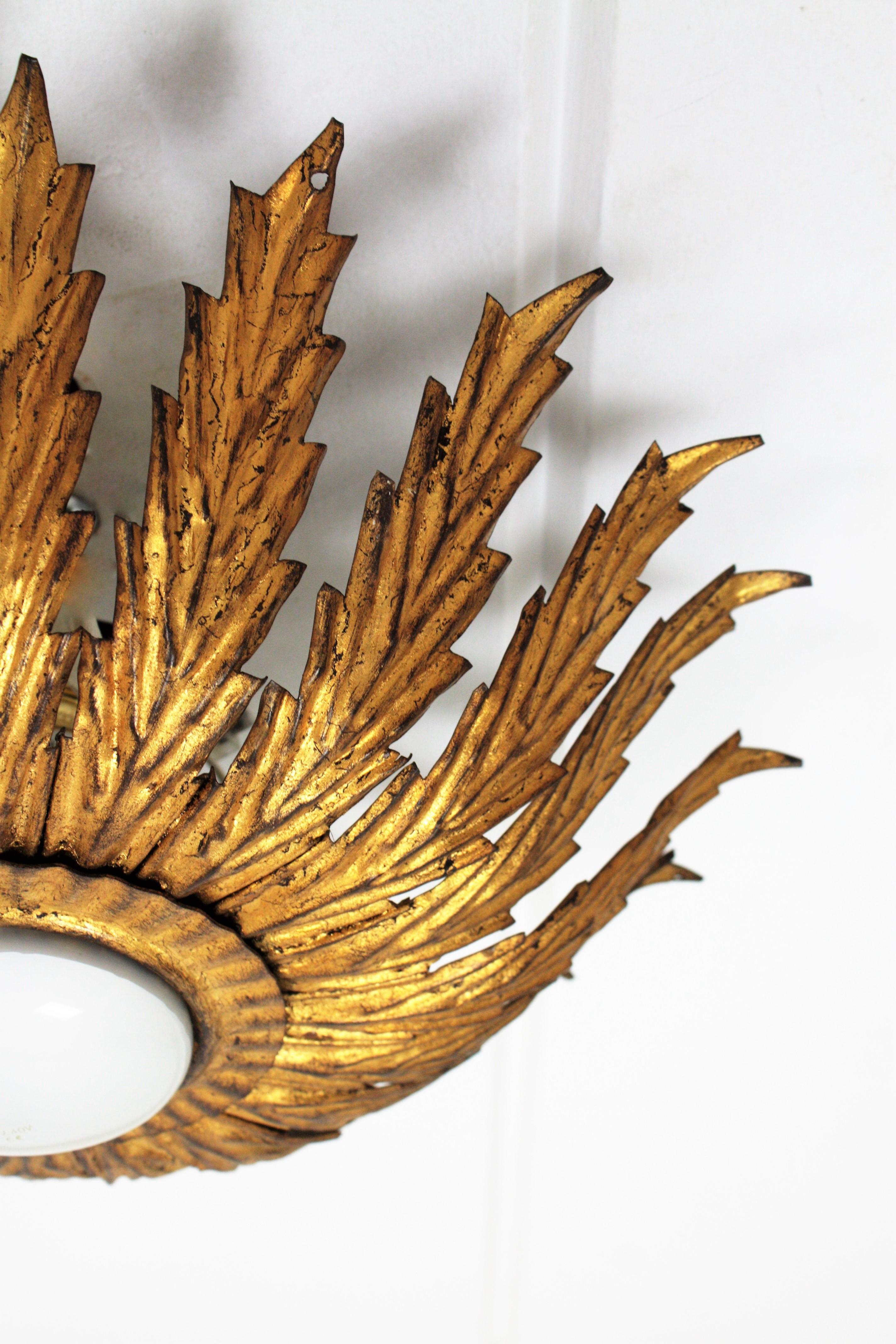 French Sunburst Light Fixture with Scalloped Leaves, Gilt Iron,  1950s For Sale 1