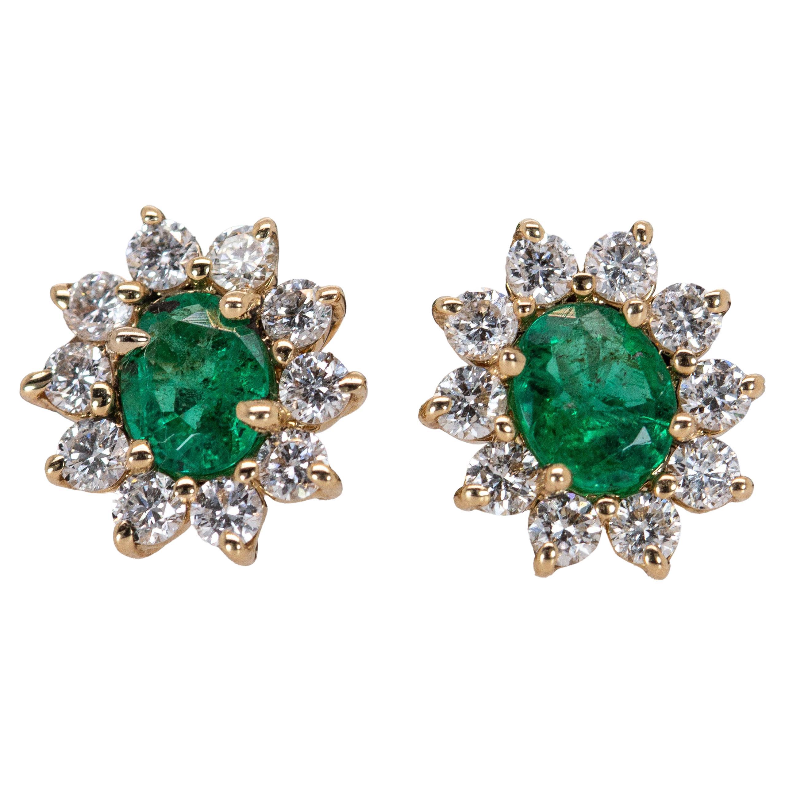 Sunburst Zambian Emerald Earrings w Natural Diamond Halo in 14K Gold  OV 5x4mm