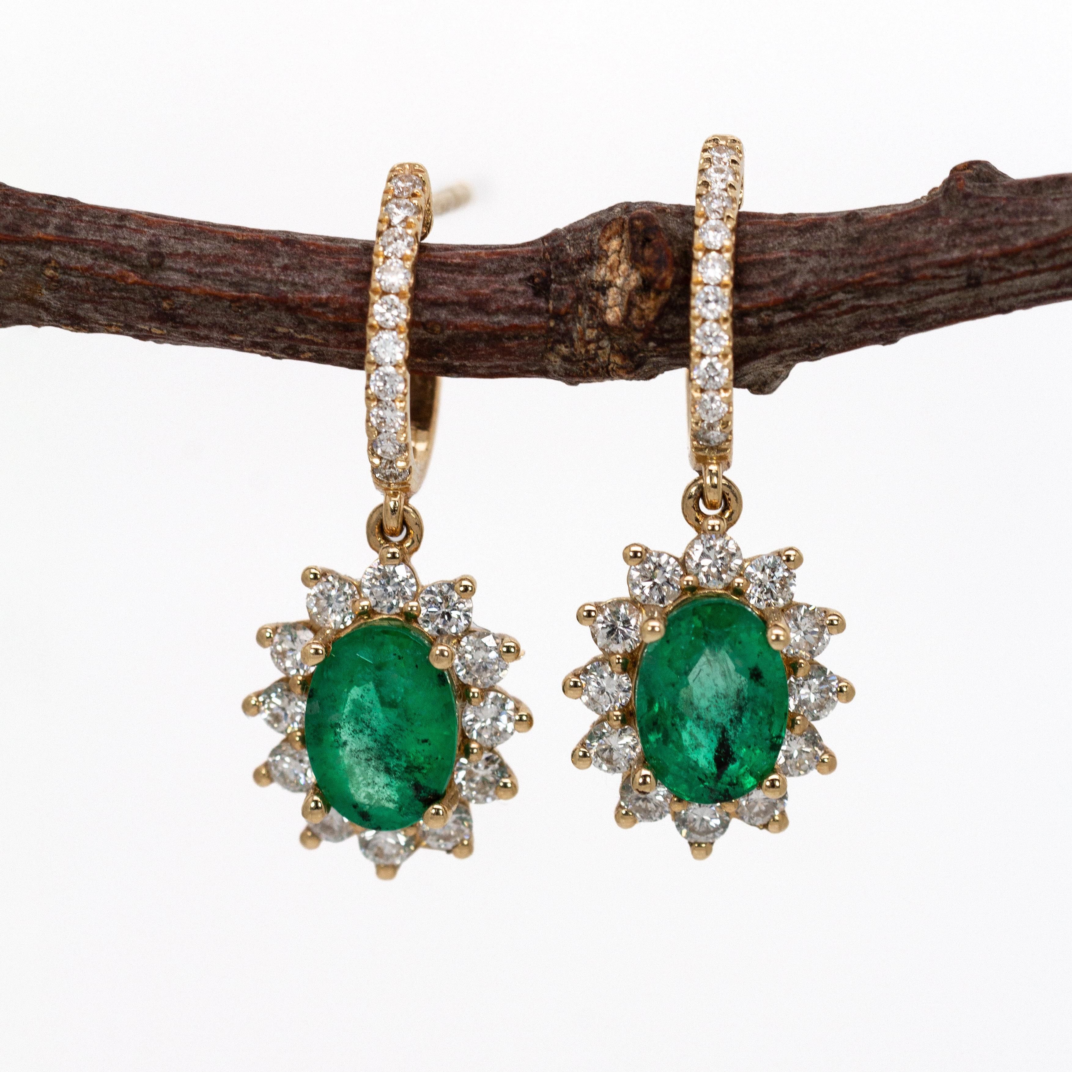 A true celebration of color and light, these earrings feature vivid oval Zambian emeralds surrounded by a starburst of earth-mined diamonds. Designed in glowing 14k yellow gold, they blend regal charm with statement-worthy brilliance.

