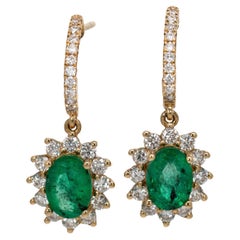 Sunburst Zambian Emerald Earrings w Natural Diamonds in 14K Solid Gold OV 7x5mm