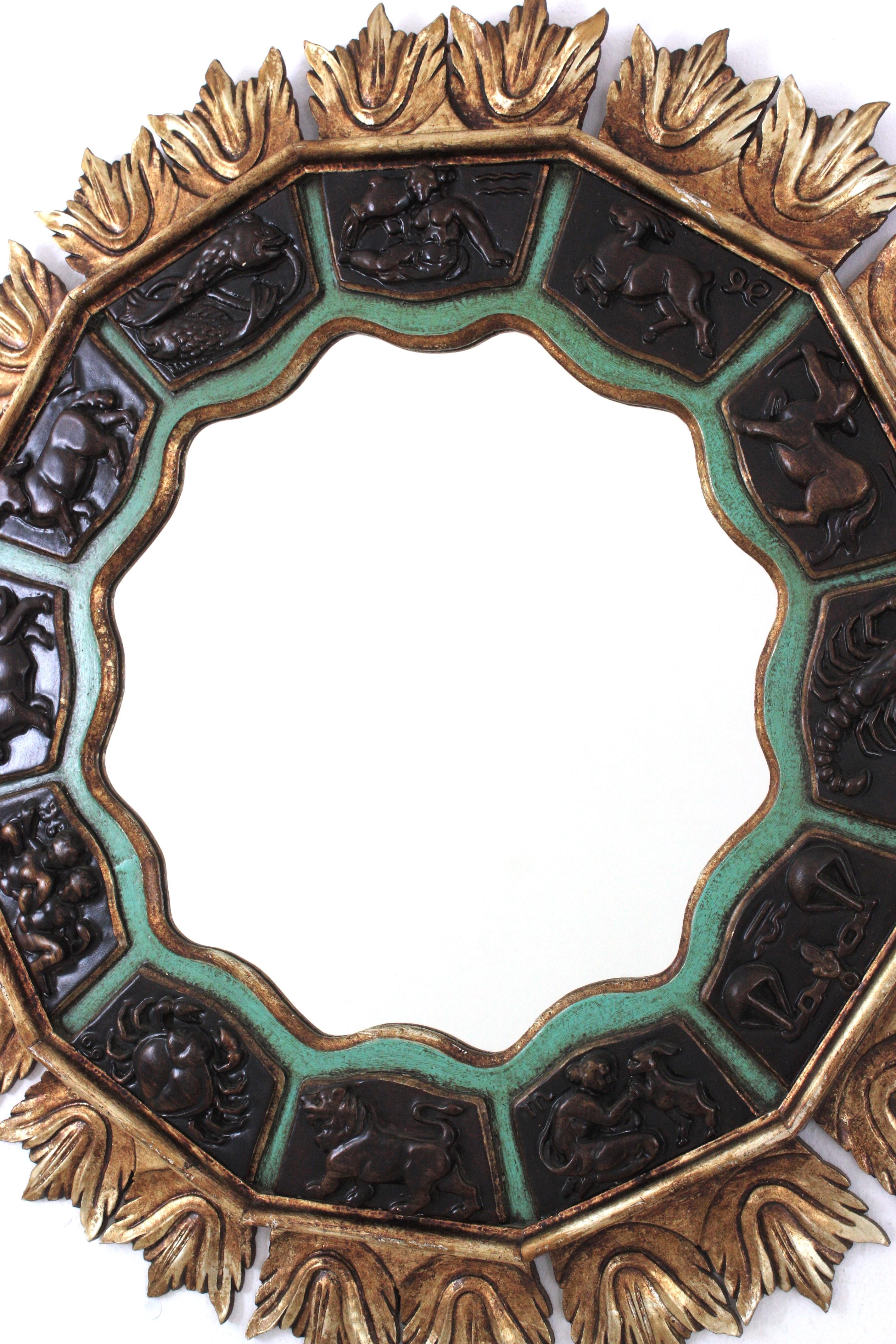 Sunburst Zodiac Mirror with Carved Giltwood & Green Frame, 1950s For Sale 4