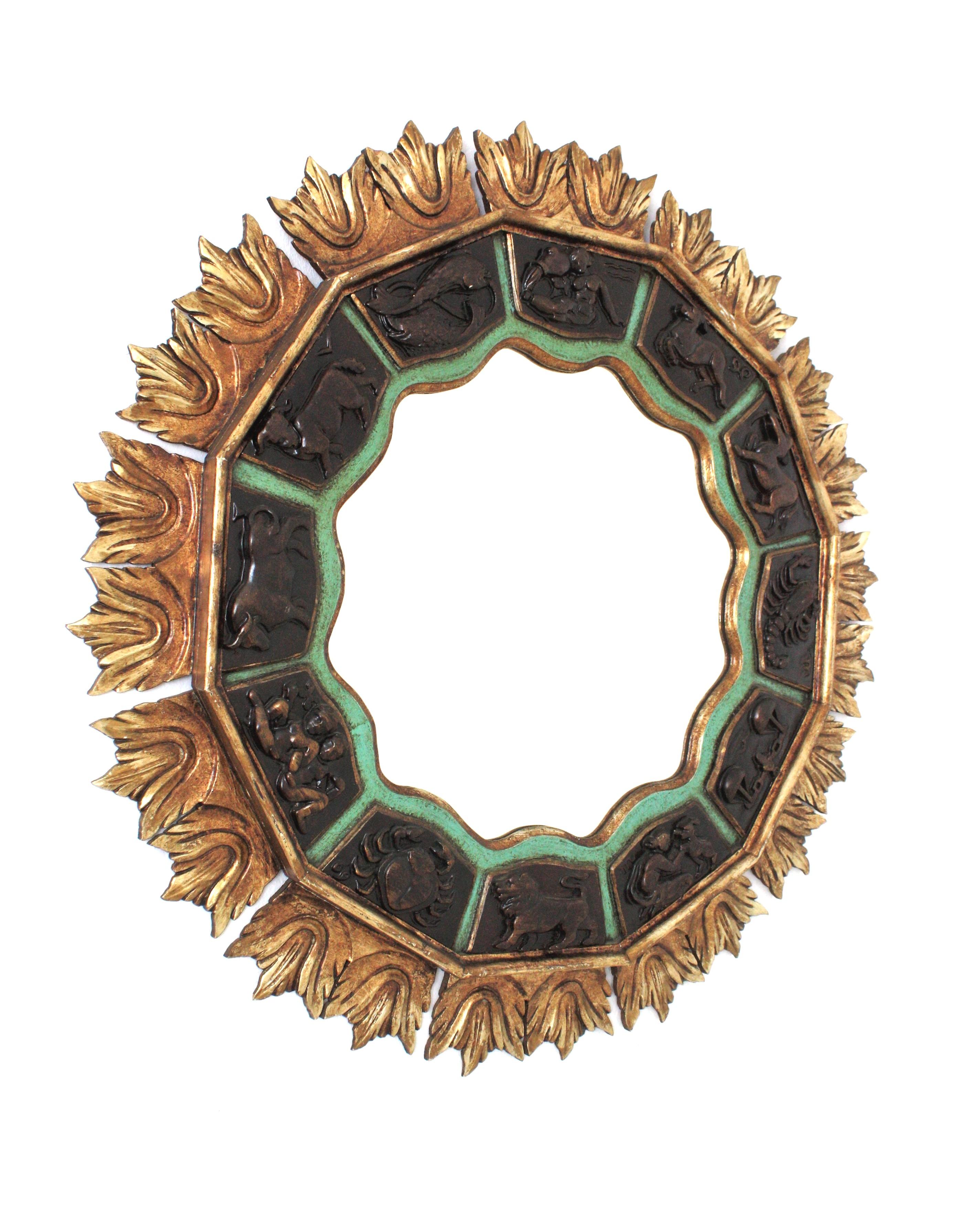 Baroque Revival Sunburst Zodiac Mirror with Carved Giltwood & Green Frame, 1950s For Sale