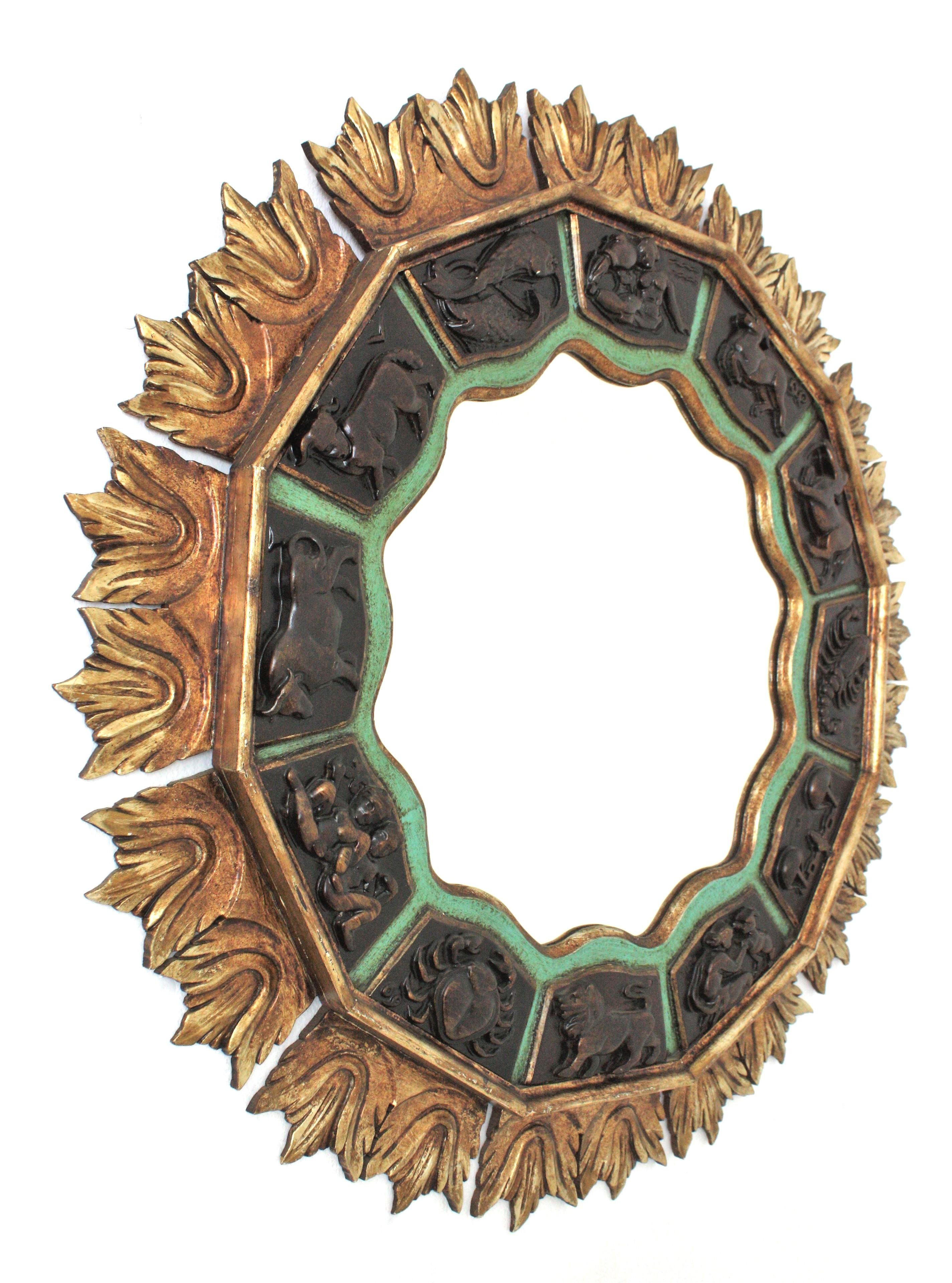 Spanish Sunburst Zodiac Mirror with Carved Giltwood & Green Frame, 1950s For Sale