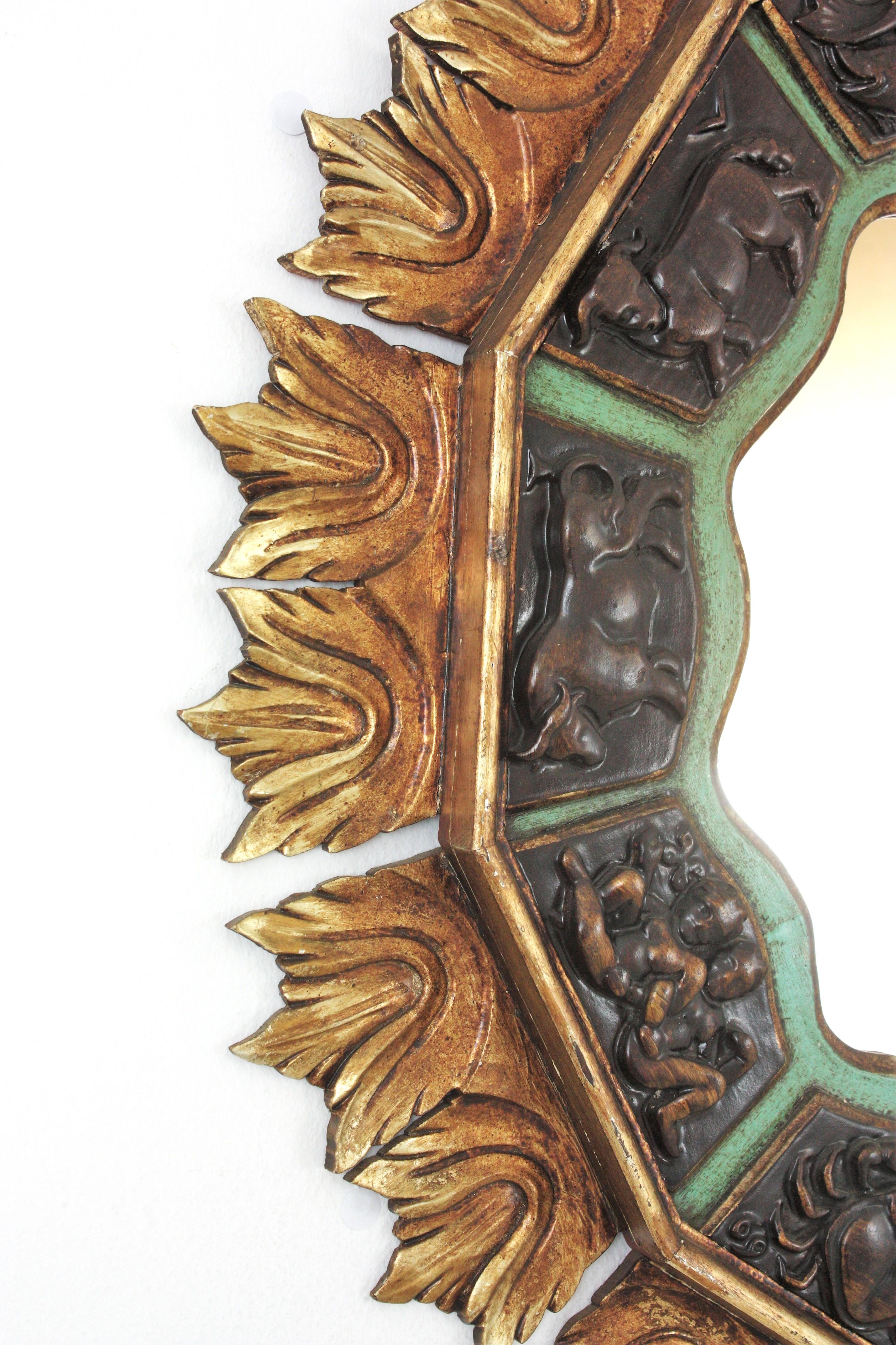 Sunburst Zodiac Mirror with Carved Giltwood & Green Frame, 1950s In Good Condition For Sale In Barcelona, ES