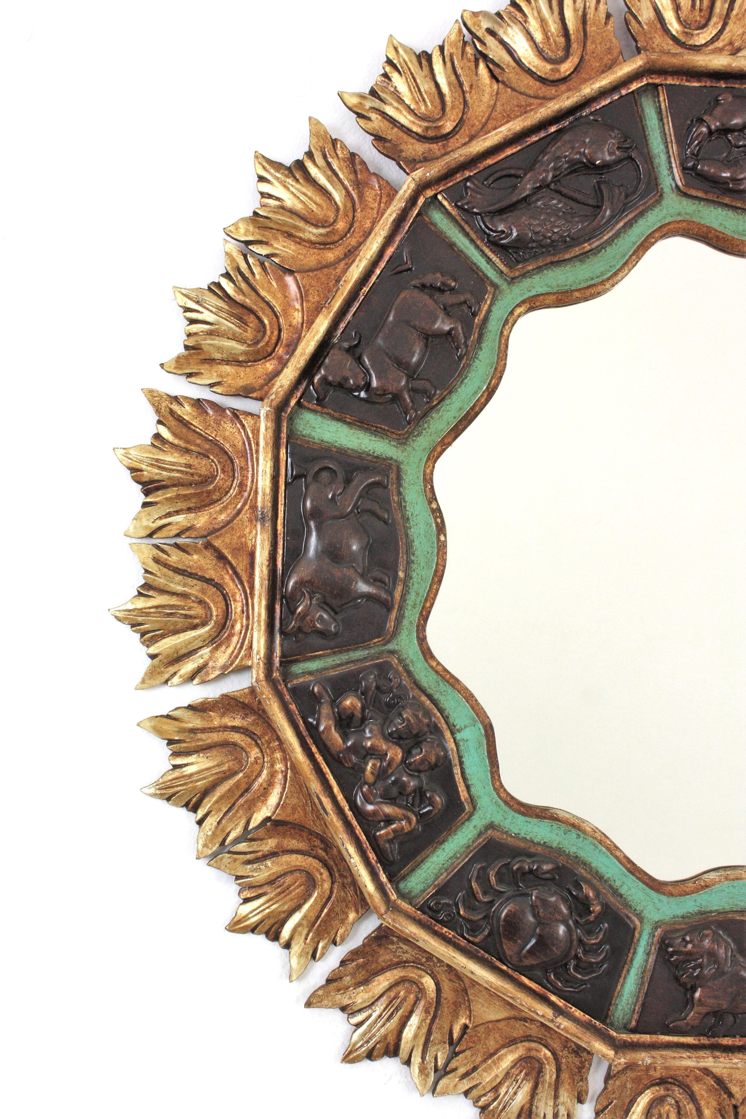 20th Century Sunburst Zodiac Mirror with Carved Giltwood & Green Frame, 1950s For Sale