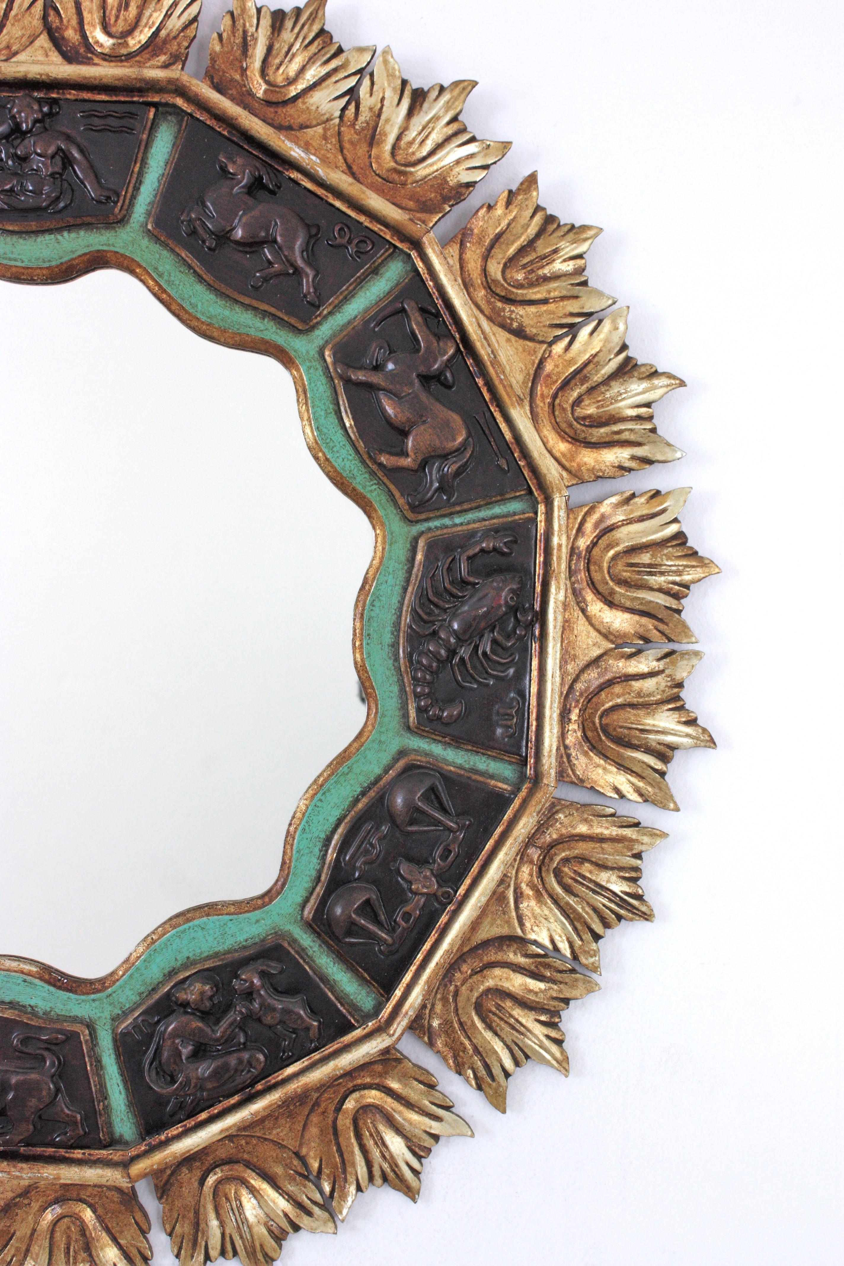 Sunburst Zodiac Mirror with Carved Giltwood & Green Frame, 1950s For Sale 1