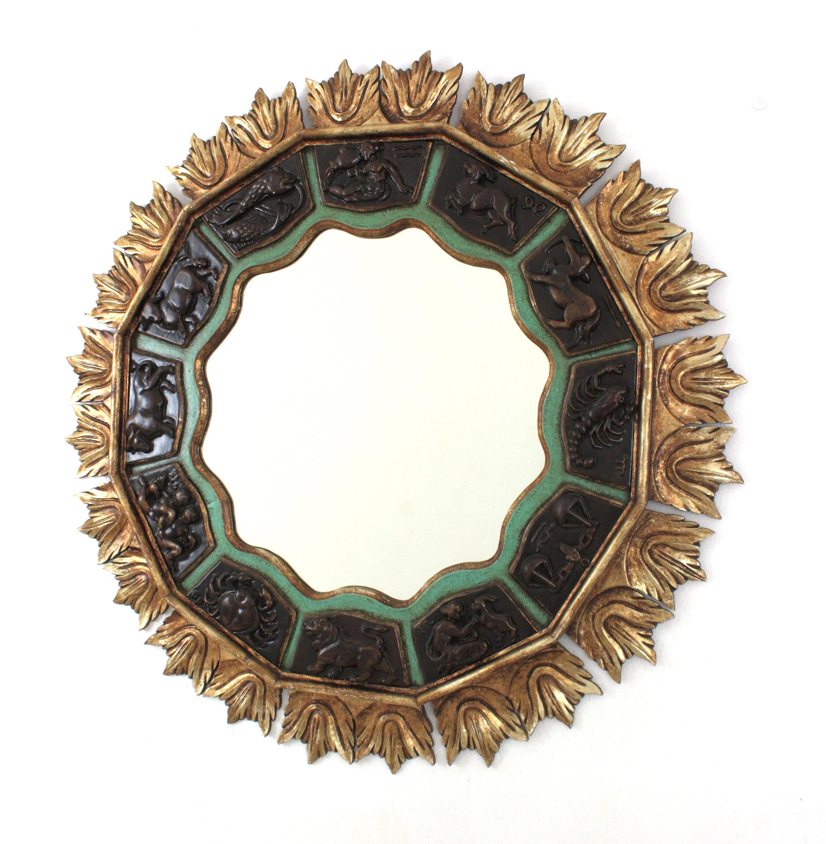 Sunburst Zodiac Mirror with Carved Giltwood & Green Frame, 1950s For Sale 3