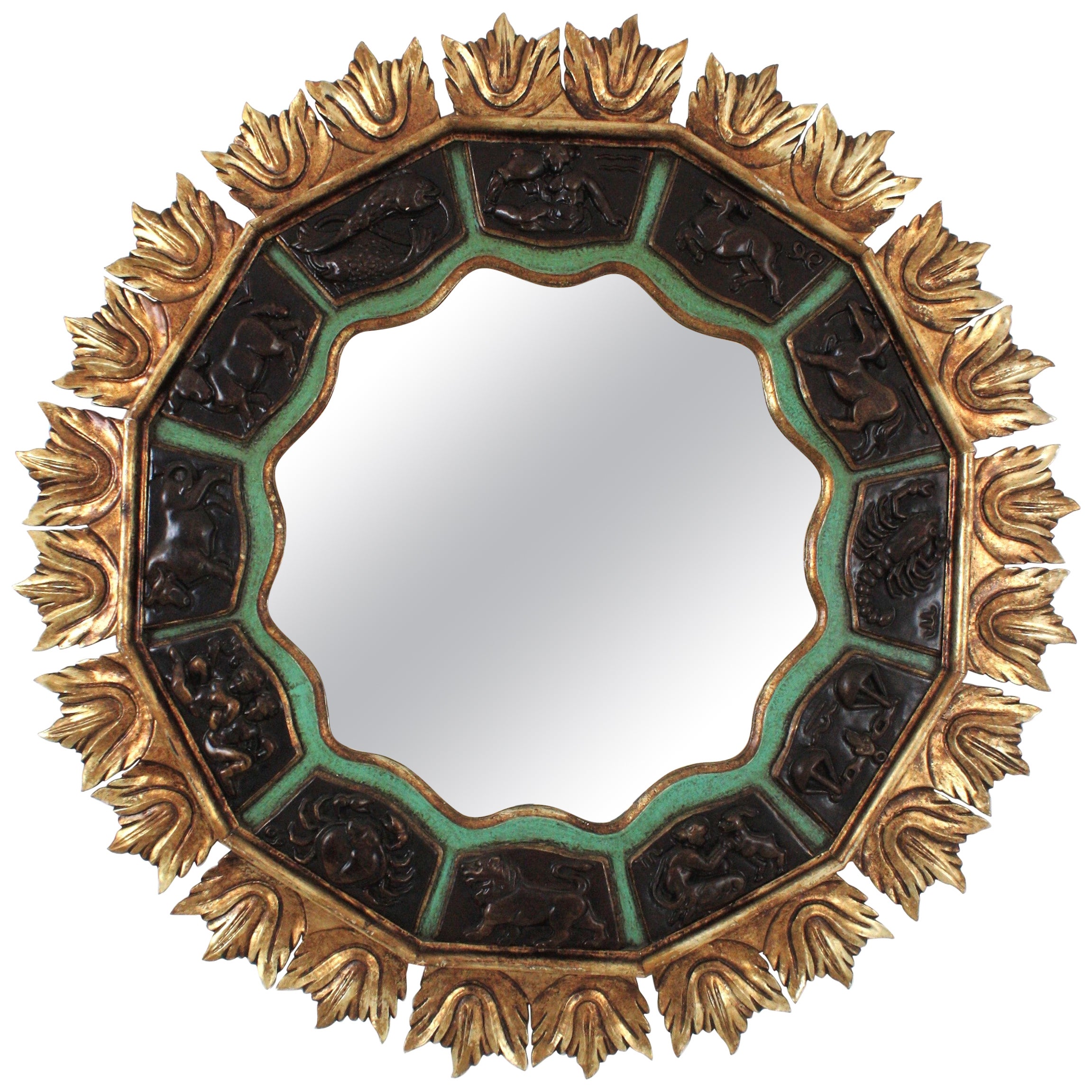 Sunburst Zodiac Mirror with Carved Giltwood & Green Frame, 1950s