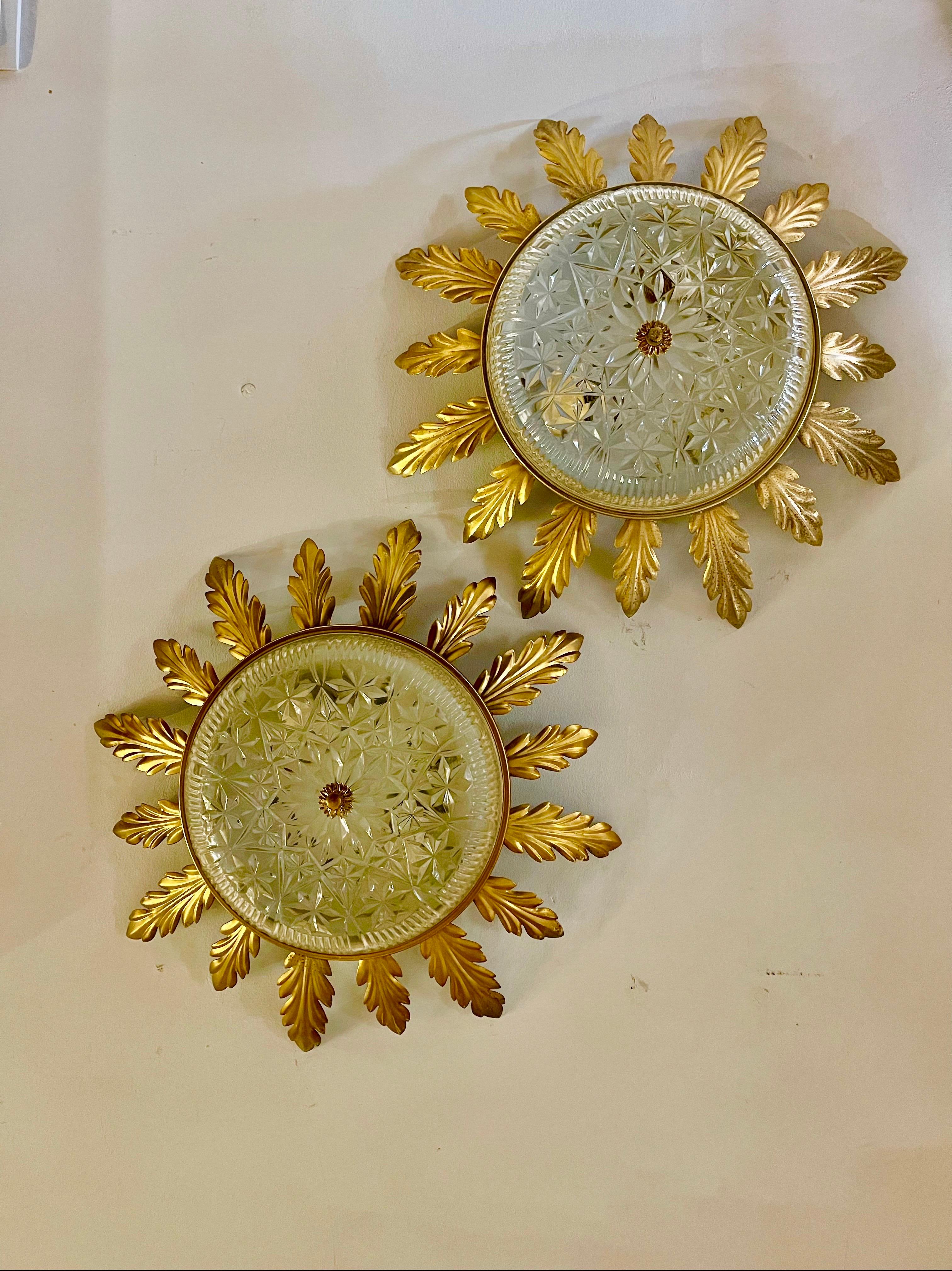 Mid-Century Modern Sunbursts flush mount metal with crystal gilt gold , Spain 1960s For Sale