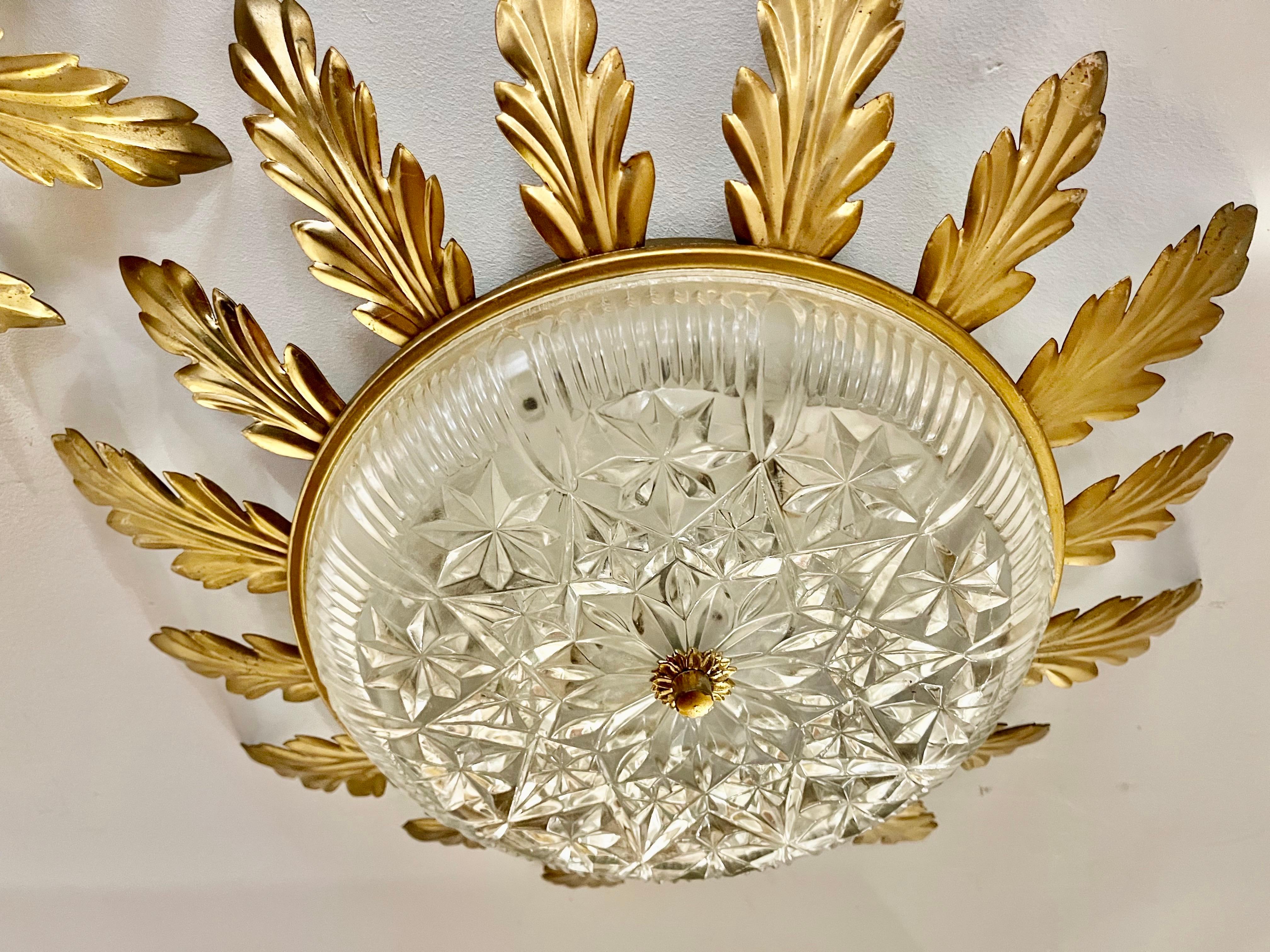Spanish Sunbursts flush mount metal with crystal gilt gold , Spain 1960s For Sale
