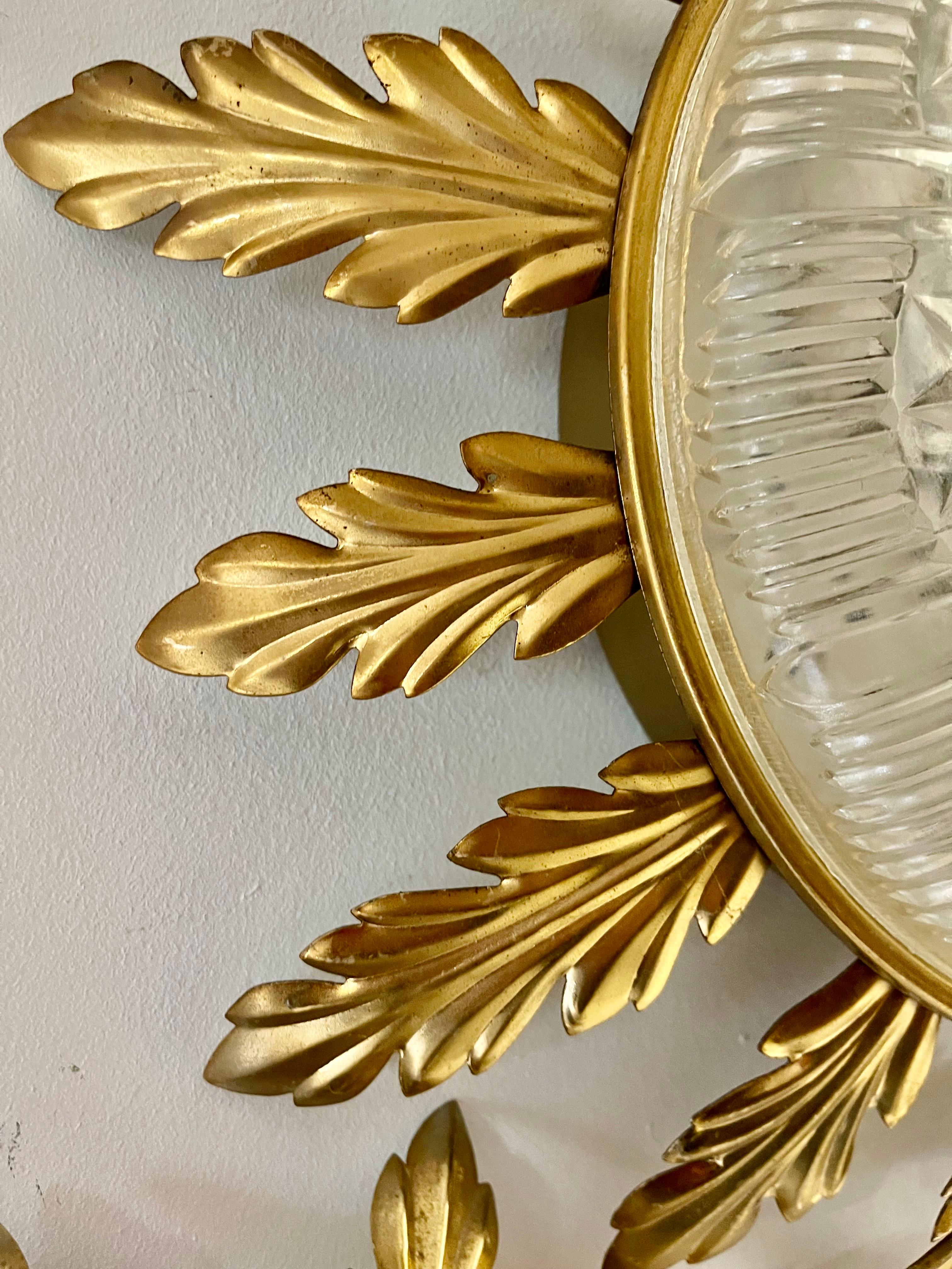 Hammered Sunbursts flush mount metal with crystal gilt gold , Spain 1960s For Sale