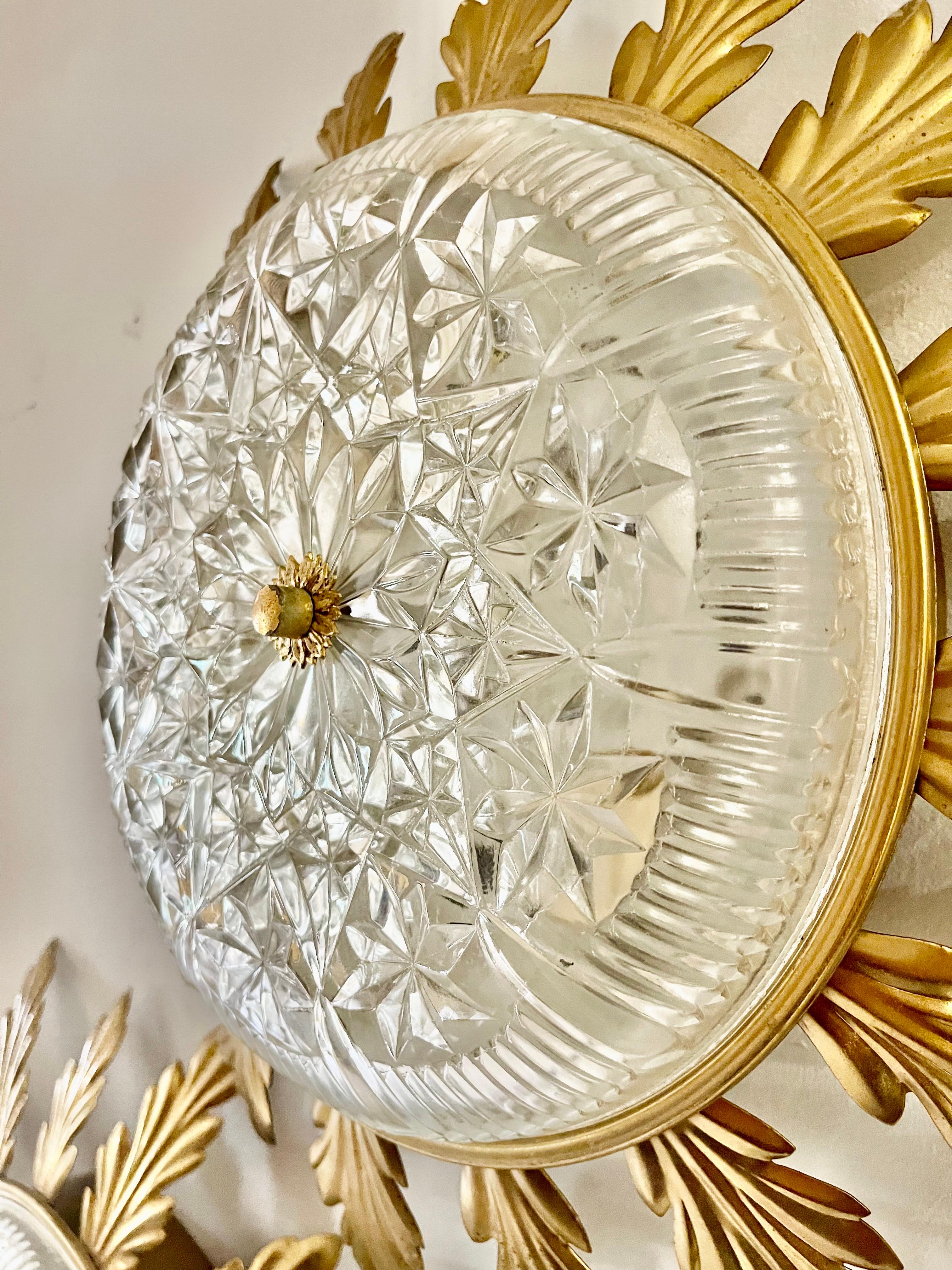 Mid-Century Modern Sunbursts wall lighting metal with crystal gilt gold , Spain 1960s For Sale
