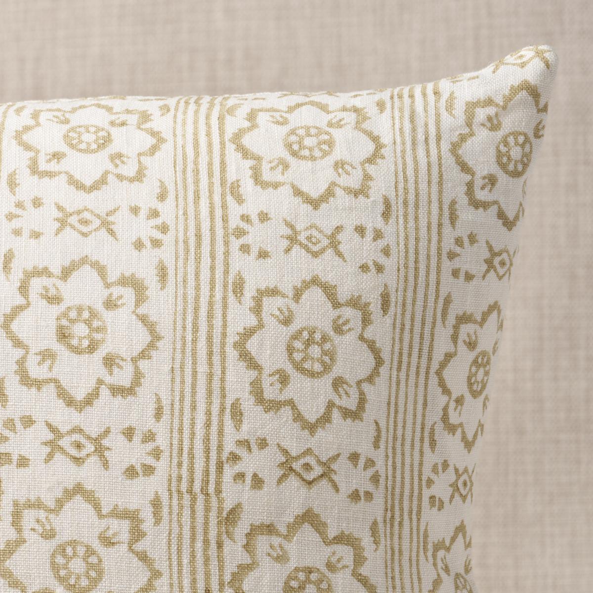 This pillow features Sunda Hand Blocked Print with a knife edge finish. This soft geometric pattern is printed by hand on 100% linen using traditional carved wood blocks. With its appealing combination of stripes and medallions, Sunda Hand-Blocked