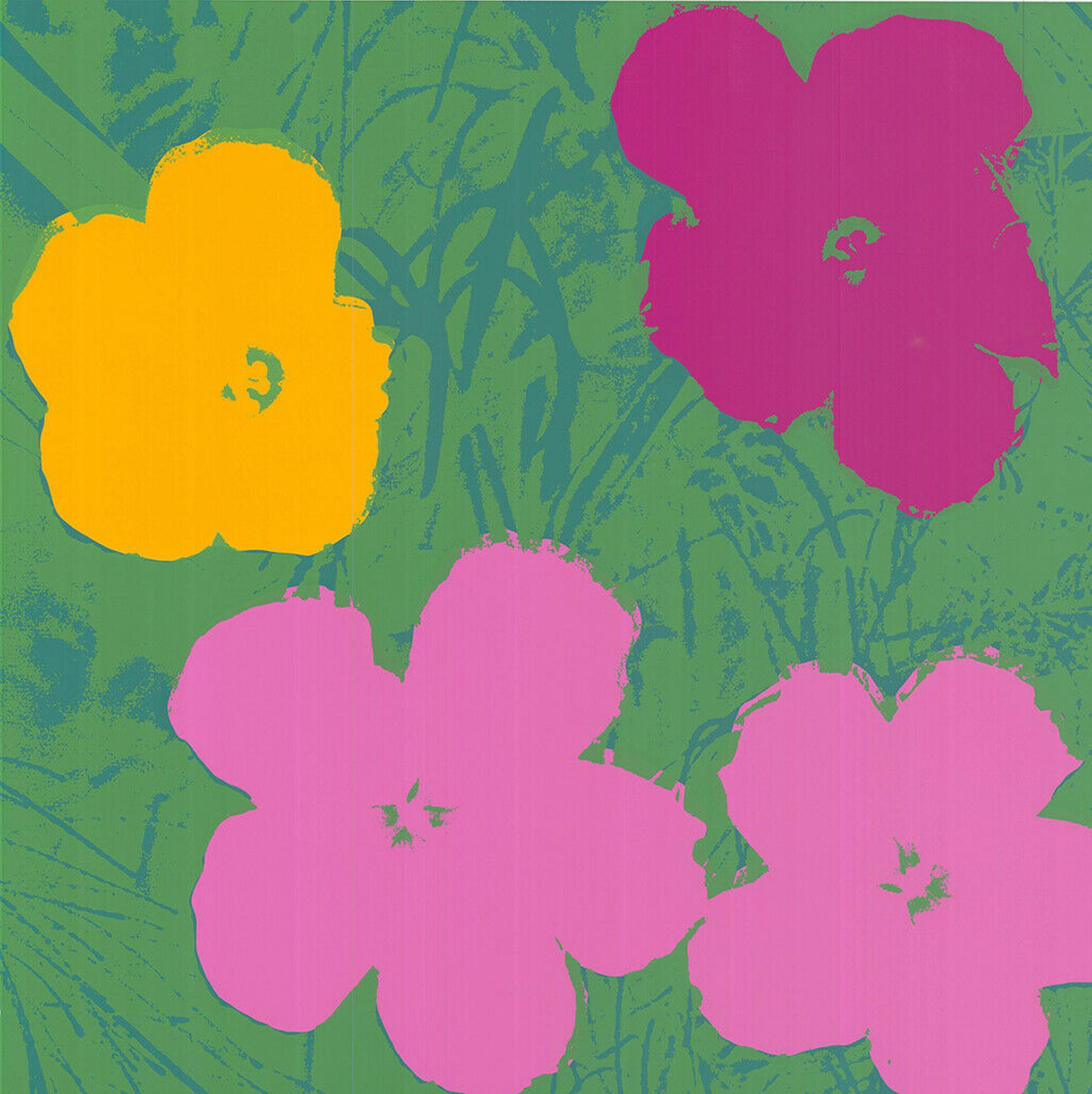 $45 SHIPPING U.S. only (not $499!) - Simply request a quote during Checkout

Sunday B. Morning
Flowers (after Andy Warhol  Yellow, Pink, Purple Hues)
Year: 2018
Color silkscreen
Size: 35.1 × 35.1 inches
Stamped verso: Sunday B. Morning
COA provided