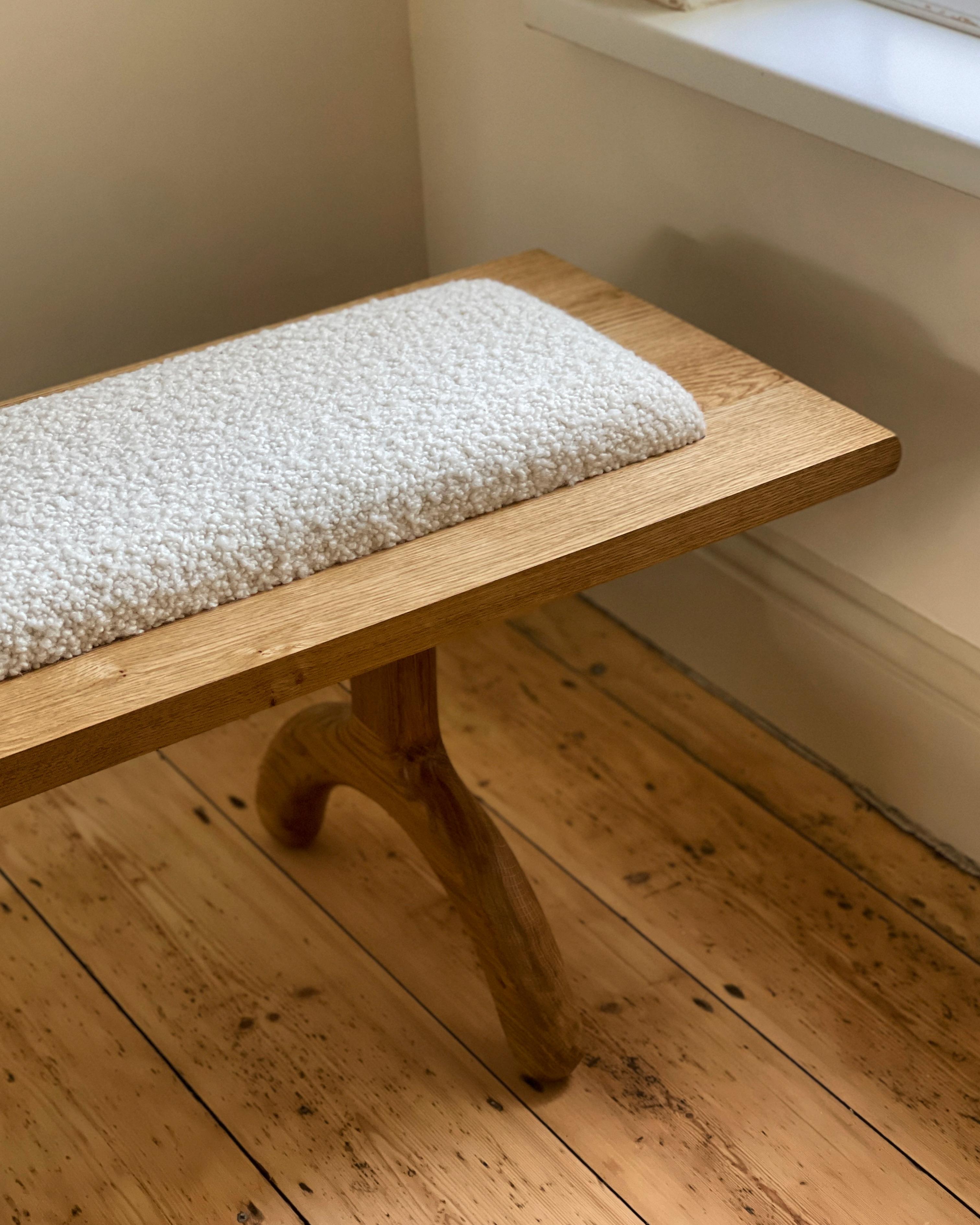 Mid-Century Modern Sunday Bench Oak and Boucle For Sale