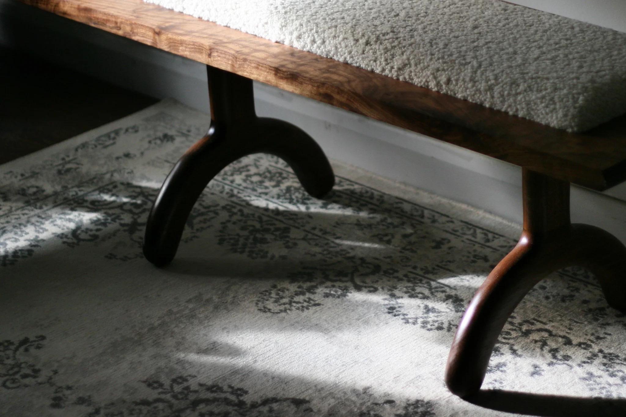 Mid-Century Modern Sunday Bench Walnut and Boucle For Sale