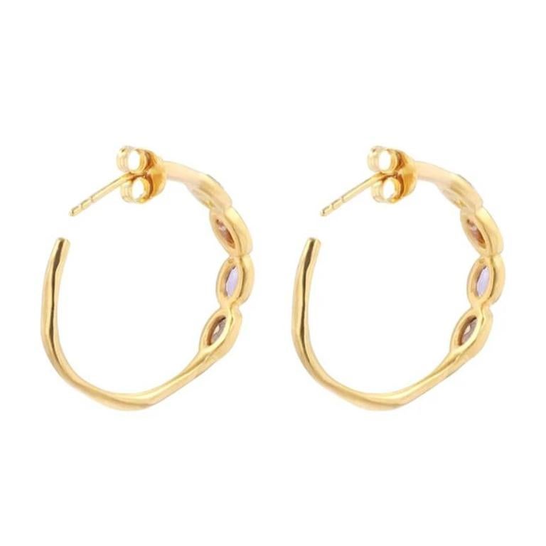 Modern Sundazed Gemstone Hoop Earrings in 18k Brushed Gold For Sale