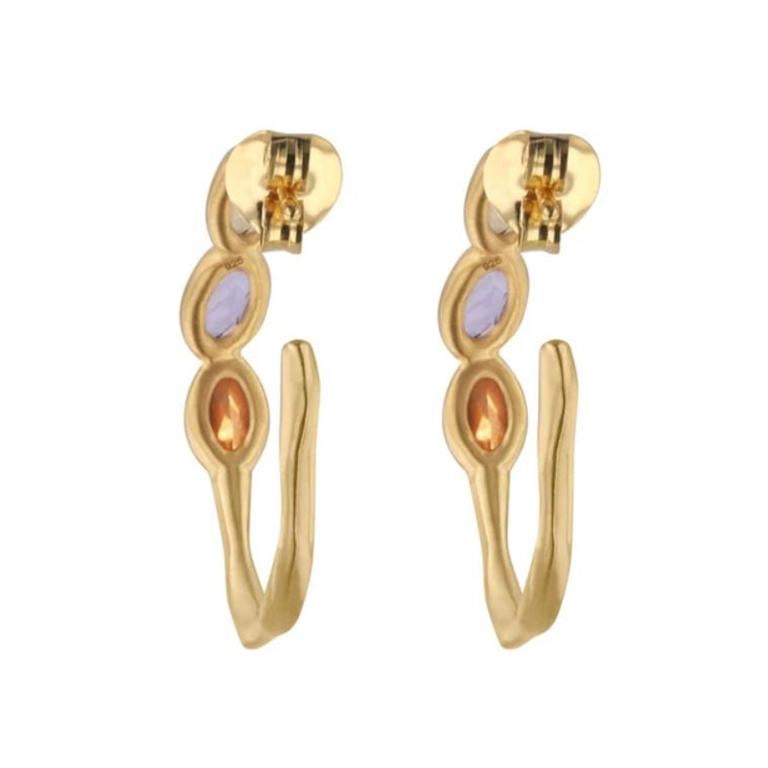 Oval Cut Sundazed Gemstone Hoop Earrings in 18k Brushed Gold For Sale