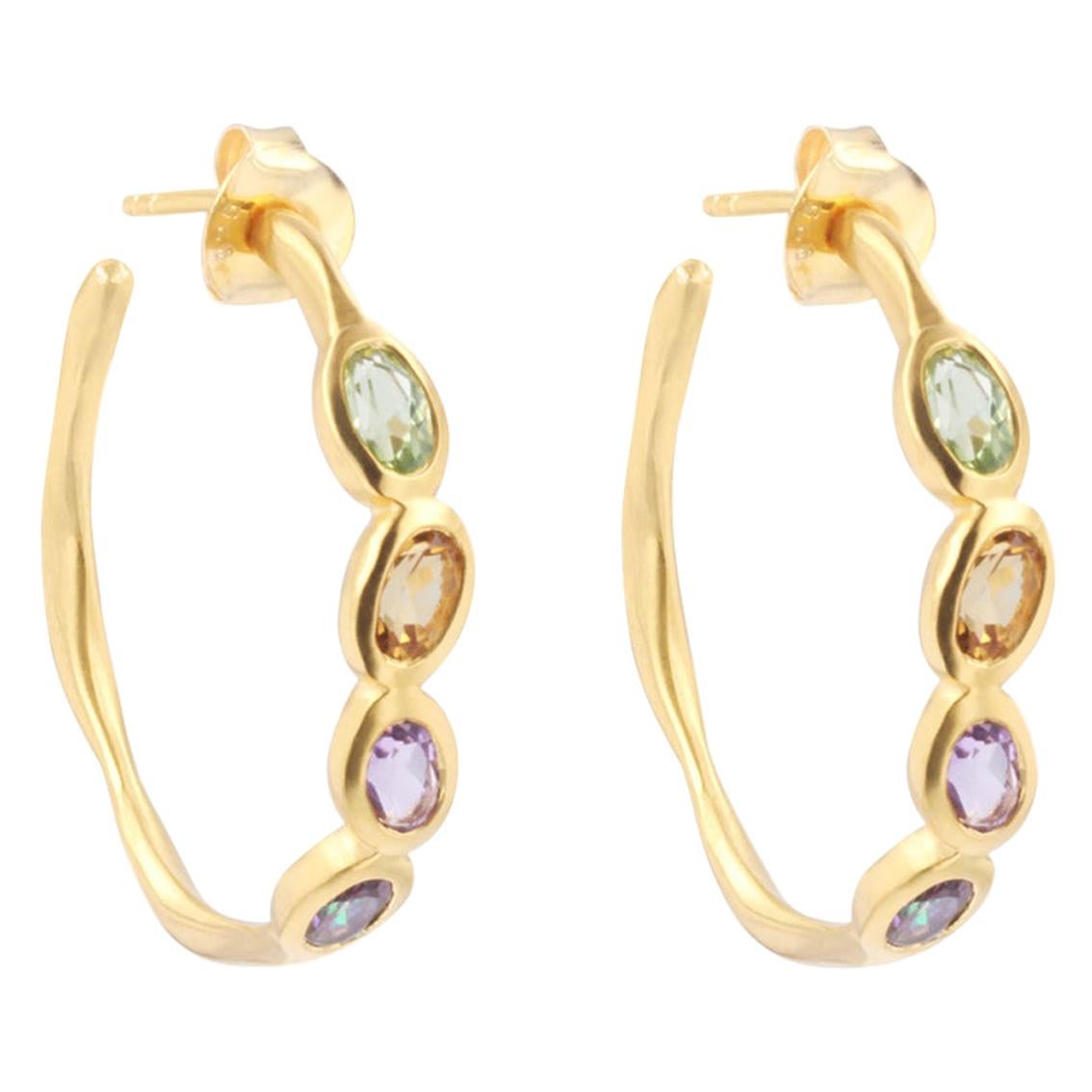 Sundazed Gemstone Hoop Earrings in 18k Brushed Gold For Sale