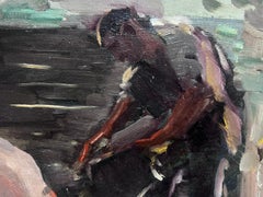 1930's English Impressionist Oil Painting Farmer Feeding Pigs in Sty large work