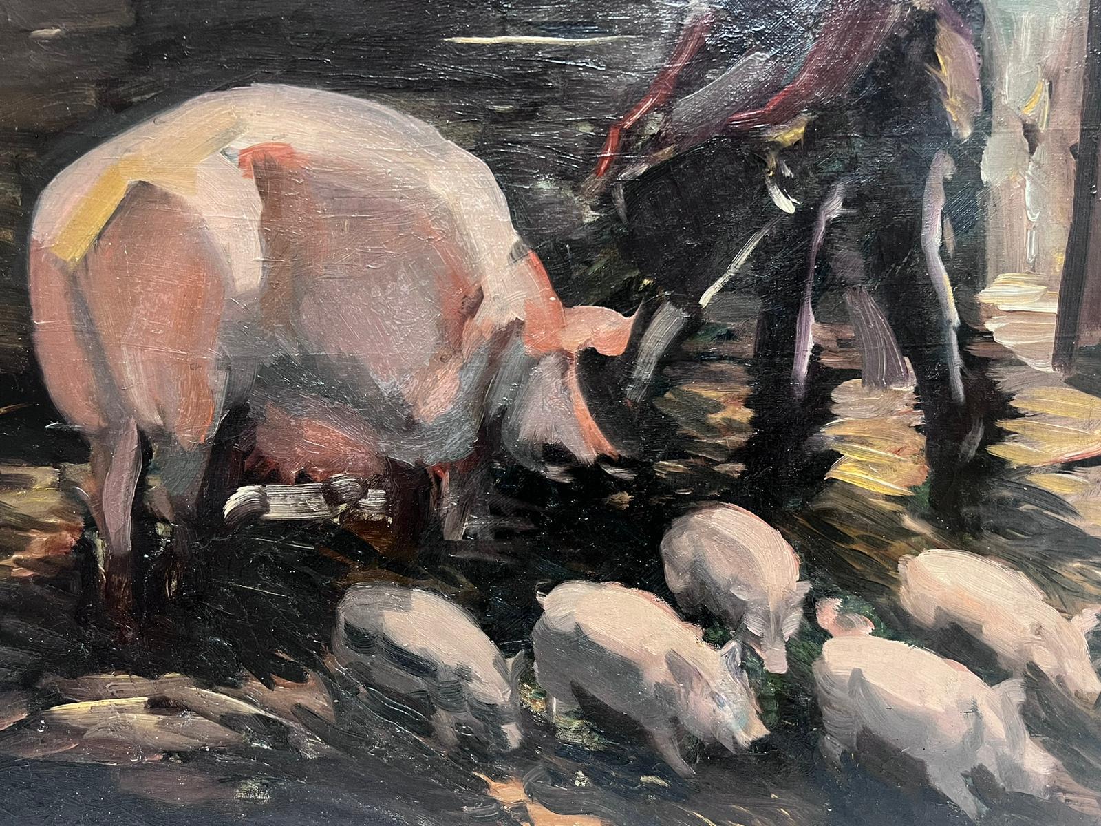 English Impressionist 1930 Pittura ad olio Contadino che nutre i maiali in Sty opera di grandi dimensioni - Painting Impressionismo di Sunderland Rollinson