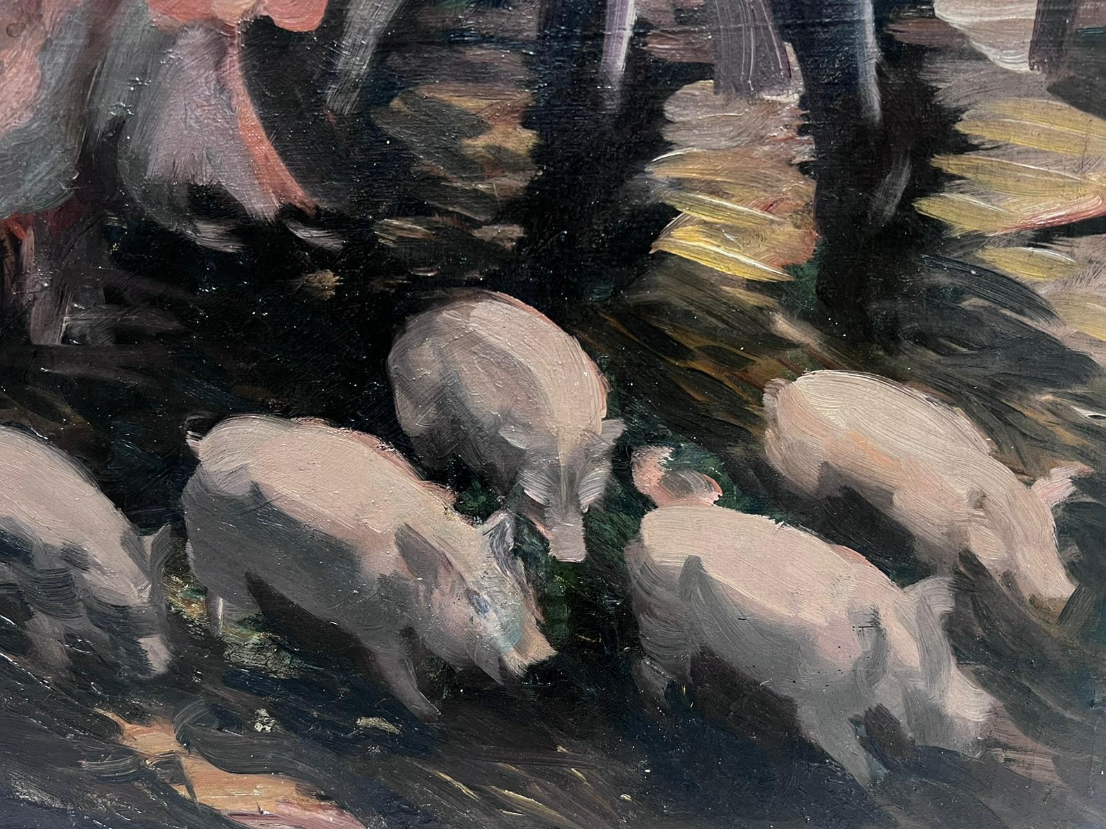 1930's English Impressionist Oil Painting Farmer Feeding Pigs in Sty large work For Sale 1