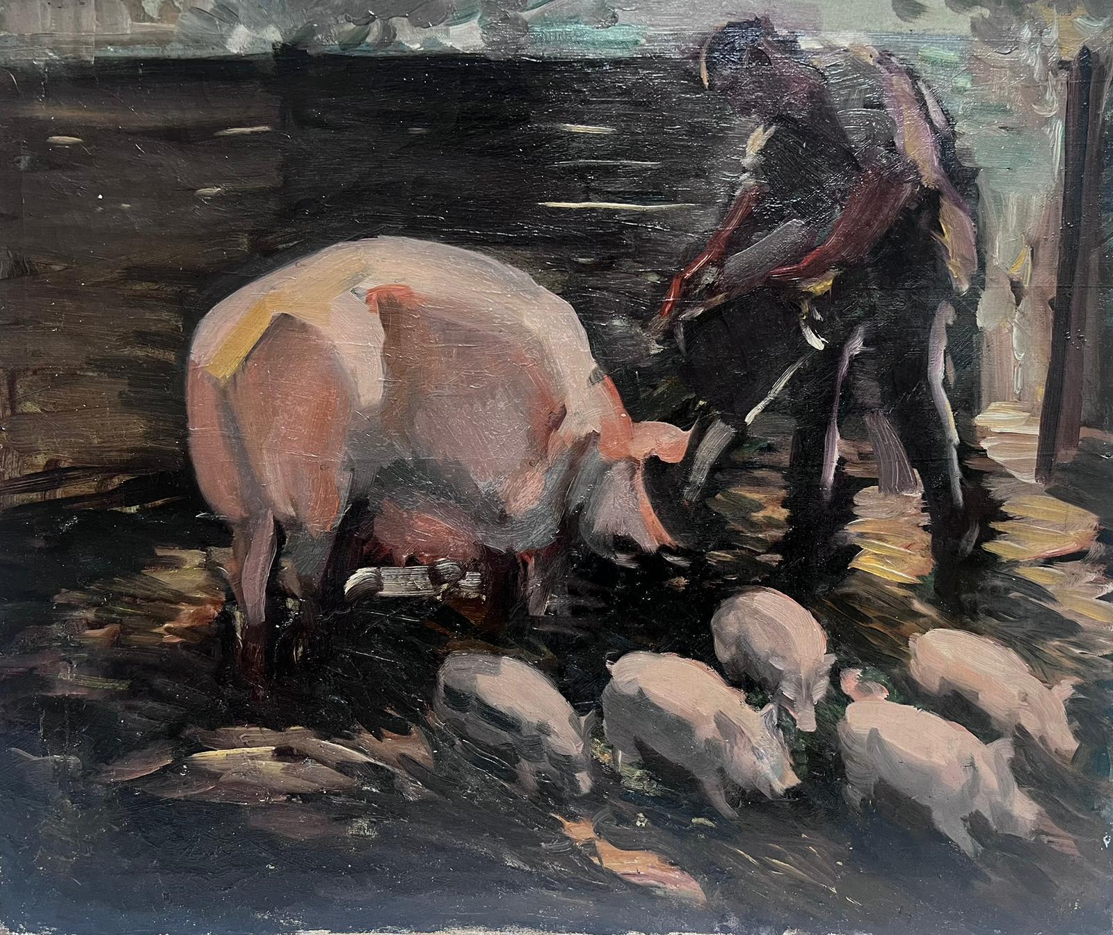 Sunderland Rollinson Figurative Painting - 1930's English Impressionist Oil Painting Farmer Feeding Pigs in Sty large work