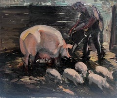 1930's English Impressionist Oil Painting Farmer Feeding Pigs in Sty large work