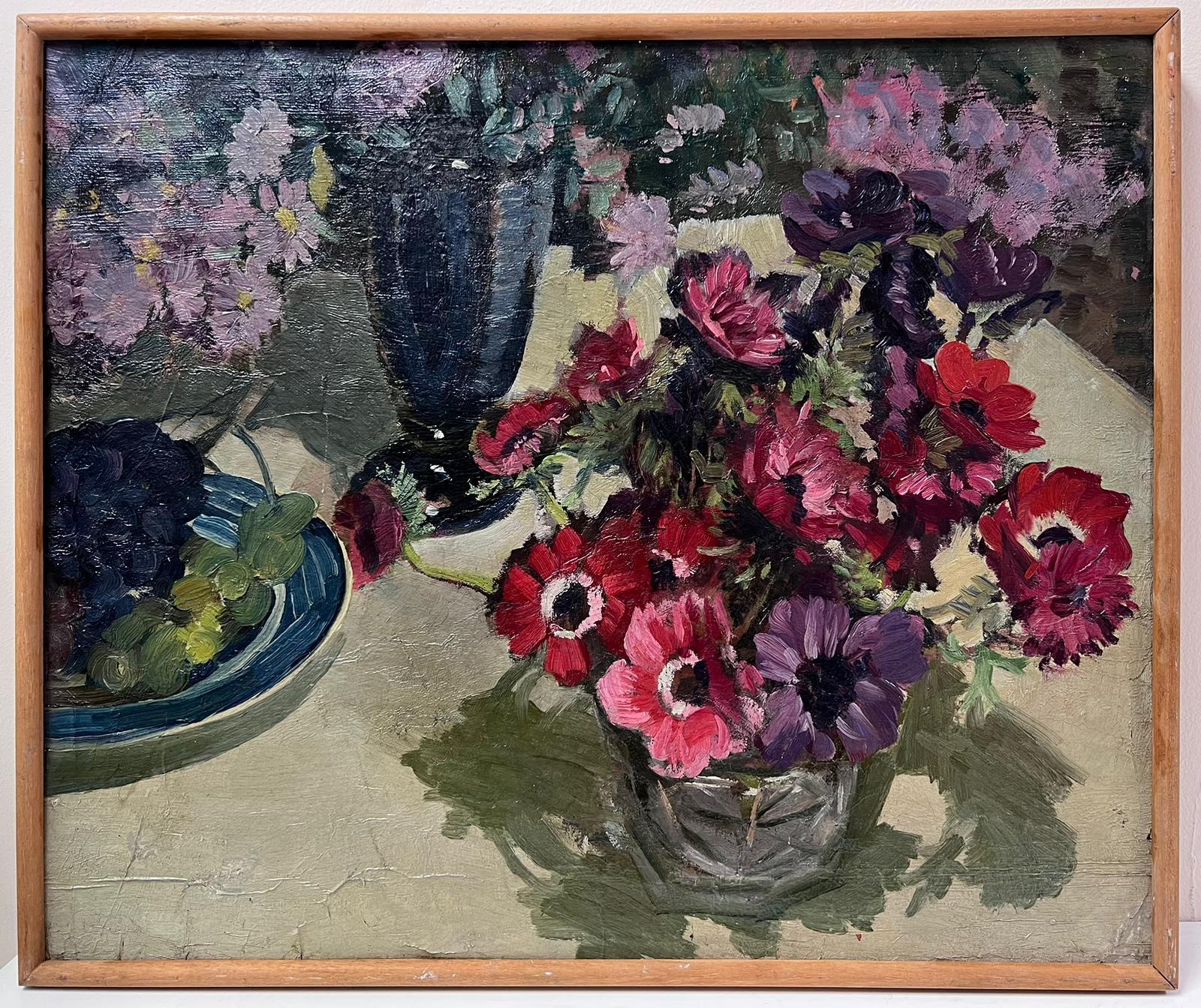 Anemoni Fiori Natura morta Pittura ad olio inglese del 1930 circa English Impressionist - Painting di Sunderland Rollinson