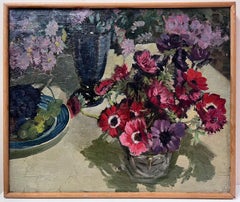 Anemones Flowers Still Life English Oil Painting circa 1930's Post Impressionist