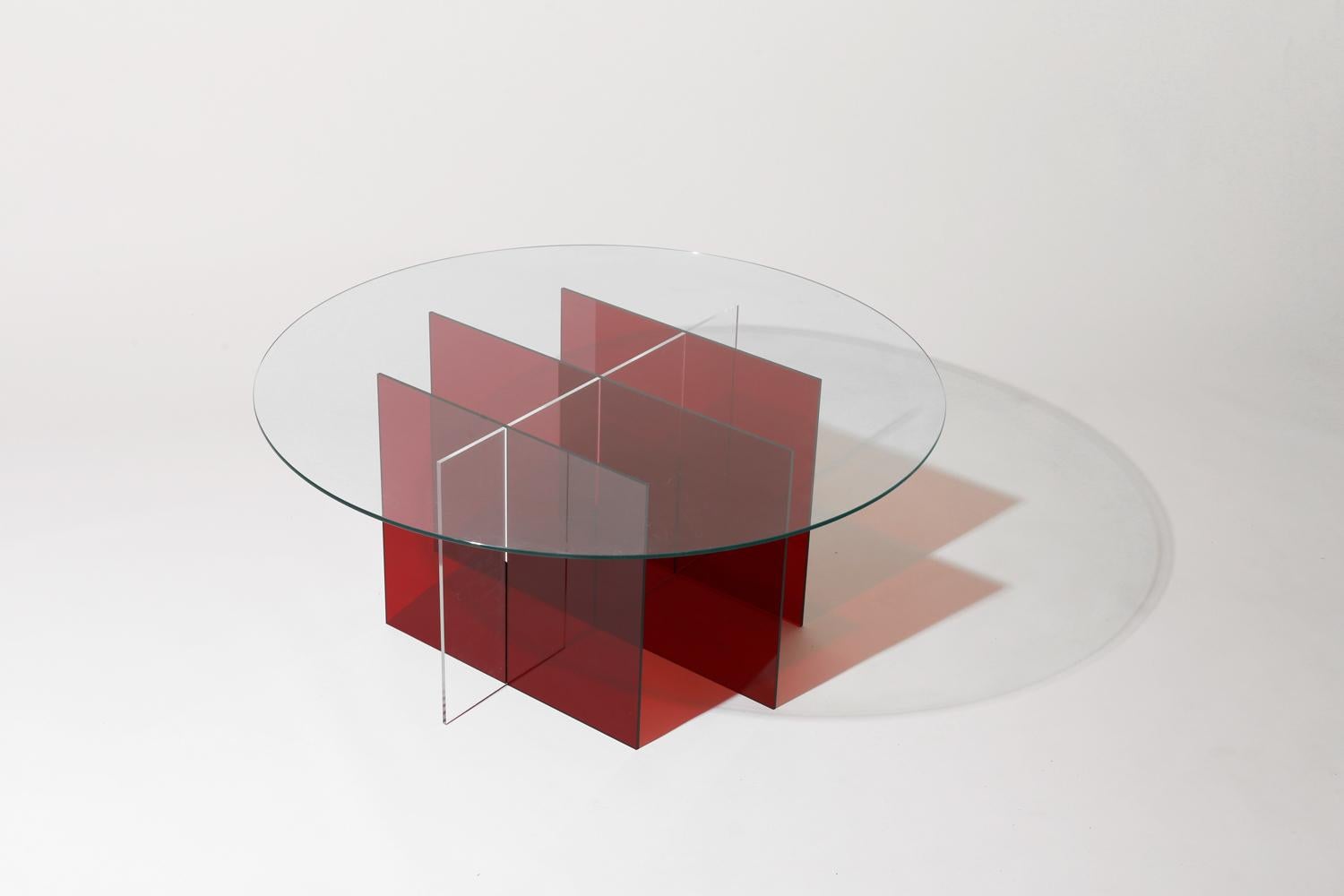 American Sundial Coffee Table, Clear Glass / Ruby and Clear Acrylic Base For Sale