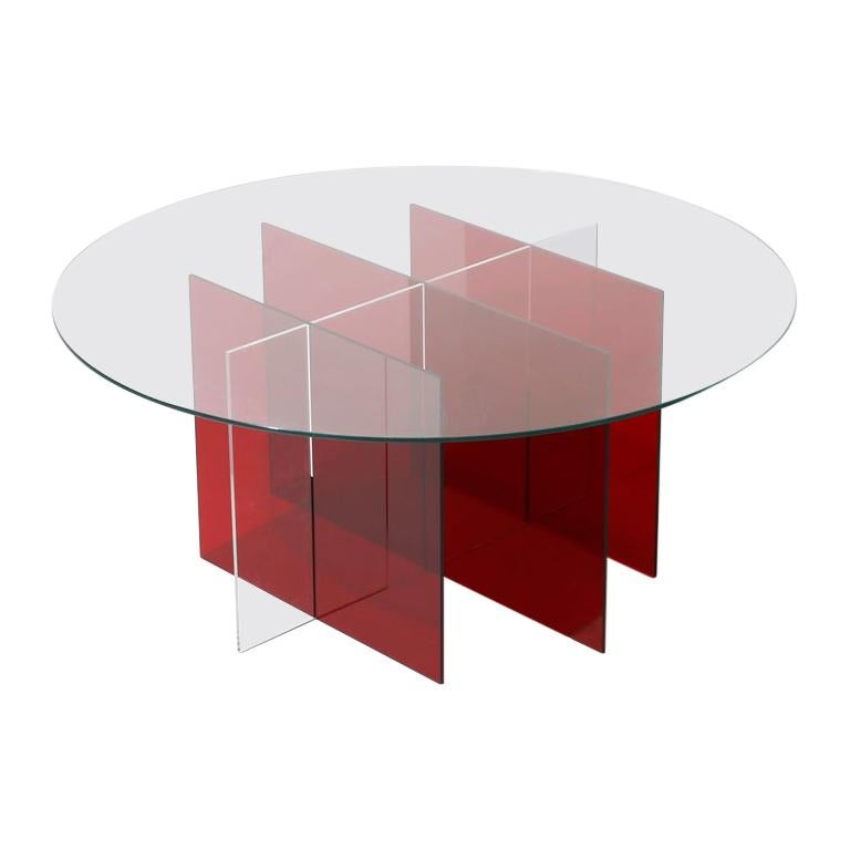 Sundial Coffee Table, Clear Glass / Ruby and Clear Acrylic Base For Sale