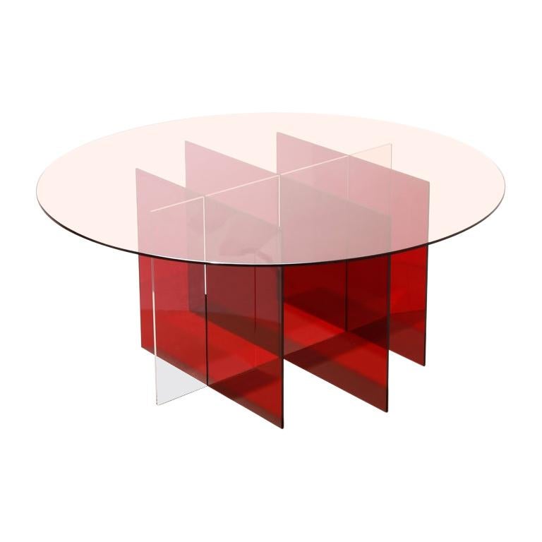 Sundial Coffee Table, Rose Glass or Ruby and Clear Acrylic Base For Sale