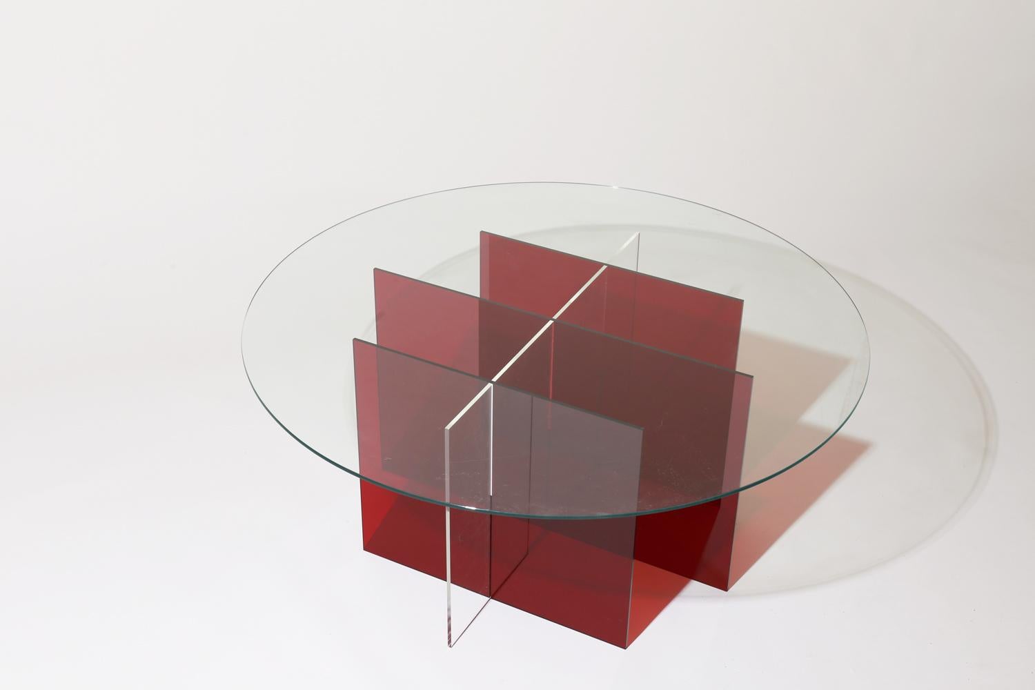 Modern Sundial Coffee Table, Smoked Glass / Ruby and Clear Acrylic Base For Sale