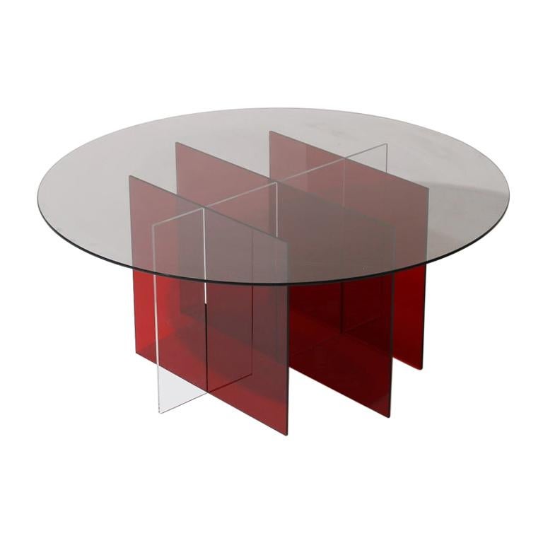 Sundial Coffee Table, Smoked Glass / Ruby and Clear Acrylic Base For Sale