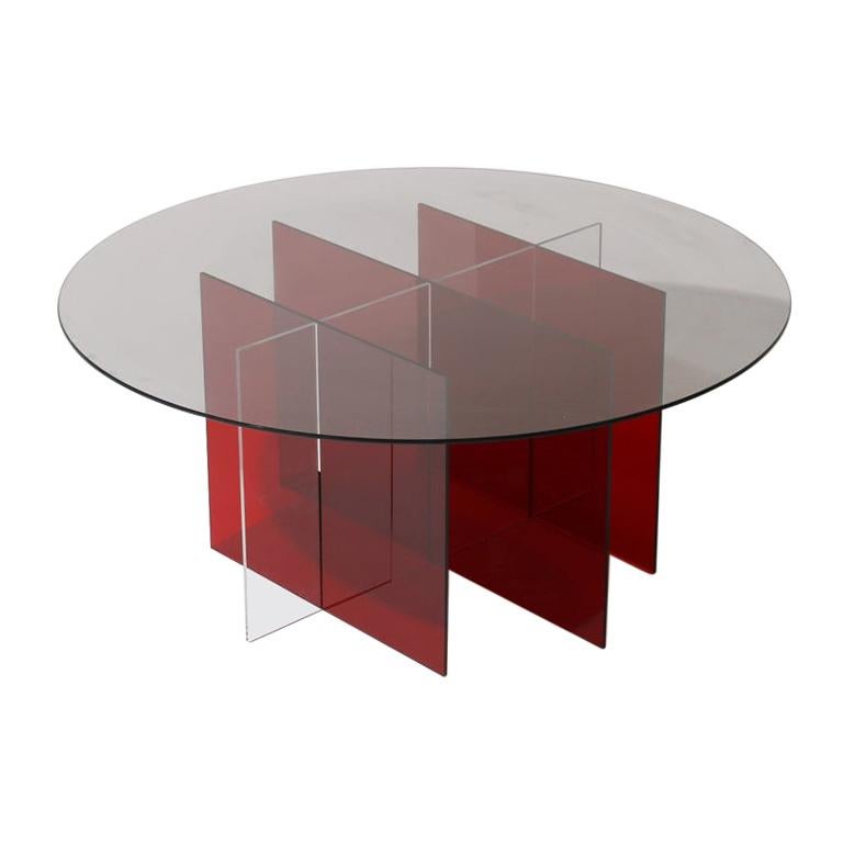 Sundial Coffee Table, Smoked Glass / Ruby and Clear Acrylic Base For ...