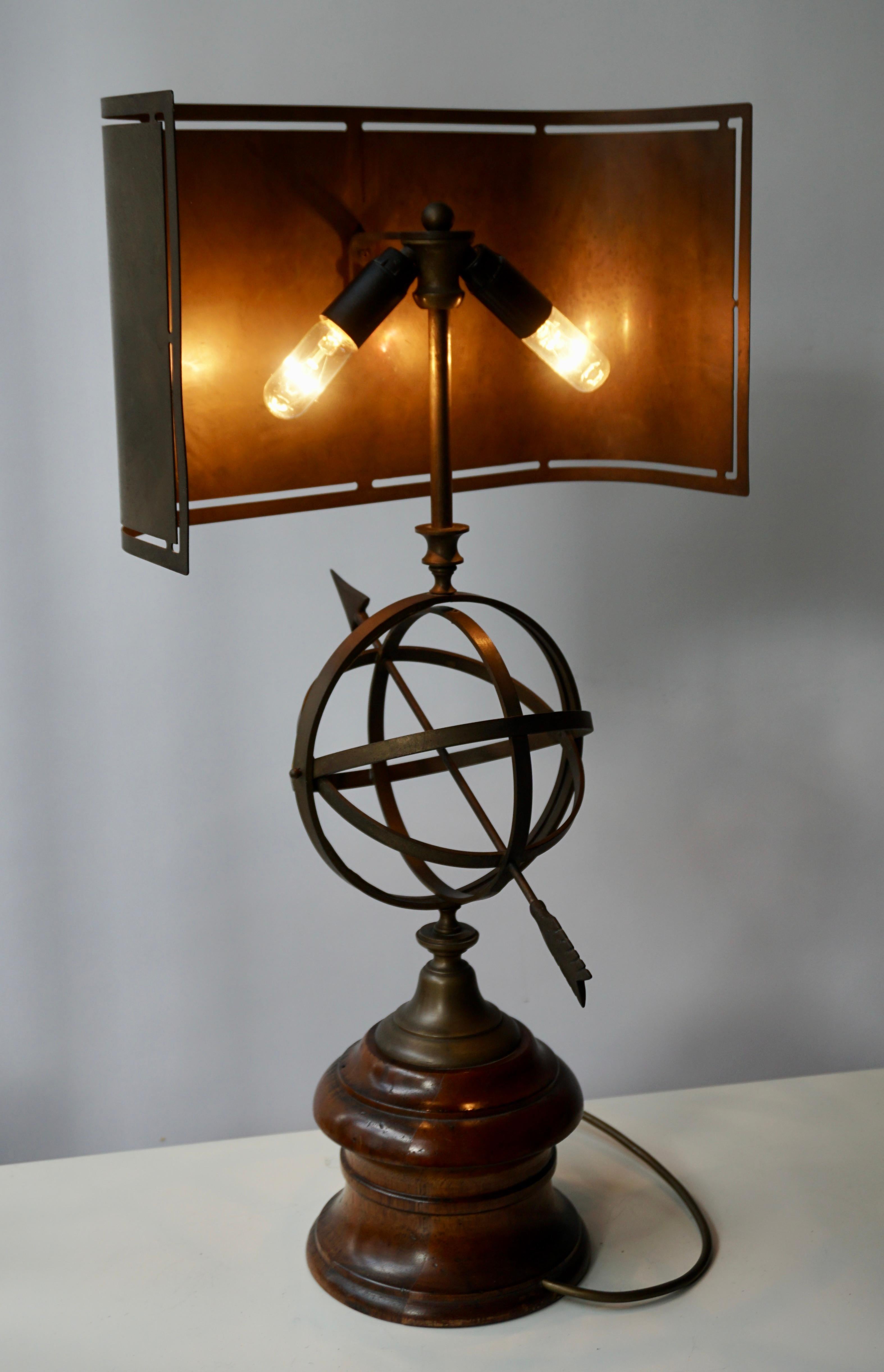 Sundial Table Lamp in Patinated Brass on Wooden Base For Sale 10