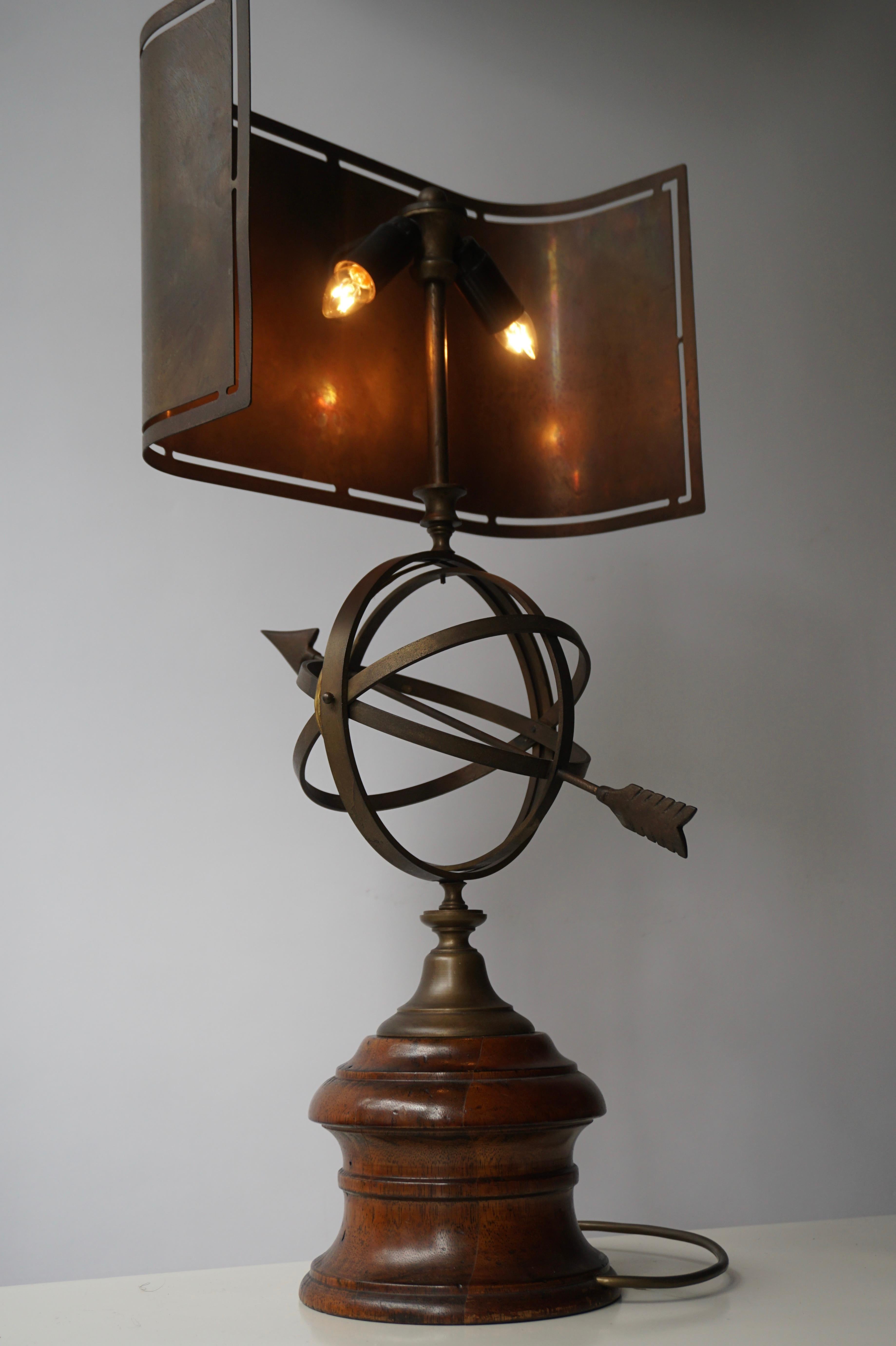 Sundial Table Lamp in Patinated Brass on Wooden Base For Sale 11