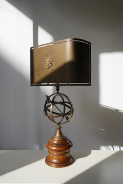 Sundial Table Lamp in Patinated Brass on Wooden Base