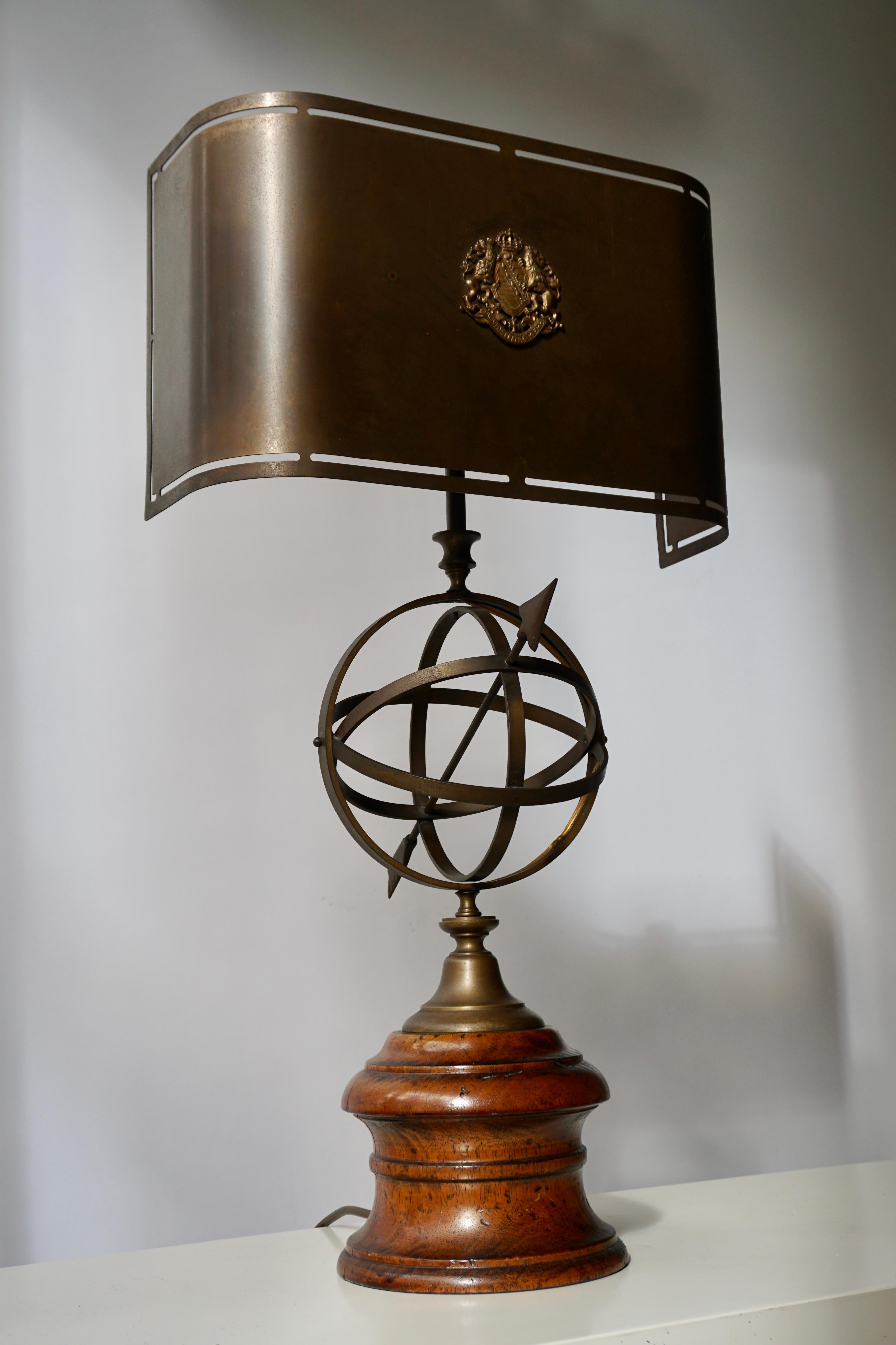 Belgian Sundial Table Lamp in Patinated Brass on Wooden Base For Sale