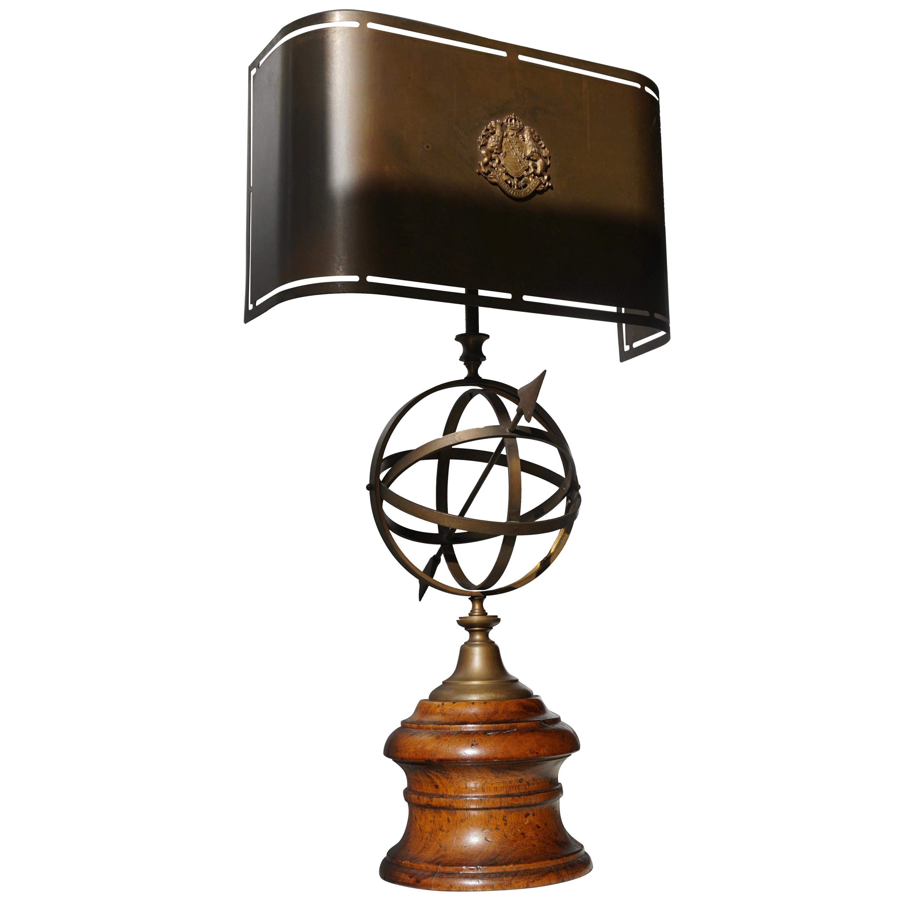 Sundial Table Lamp in Patinated Brass on Wooden Base