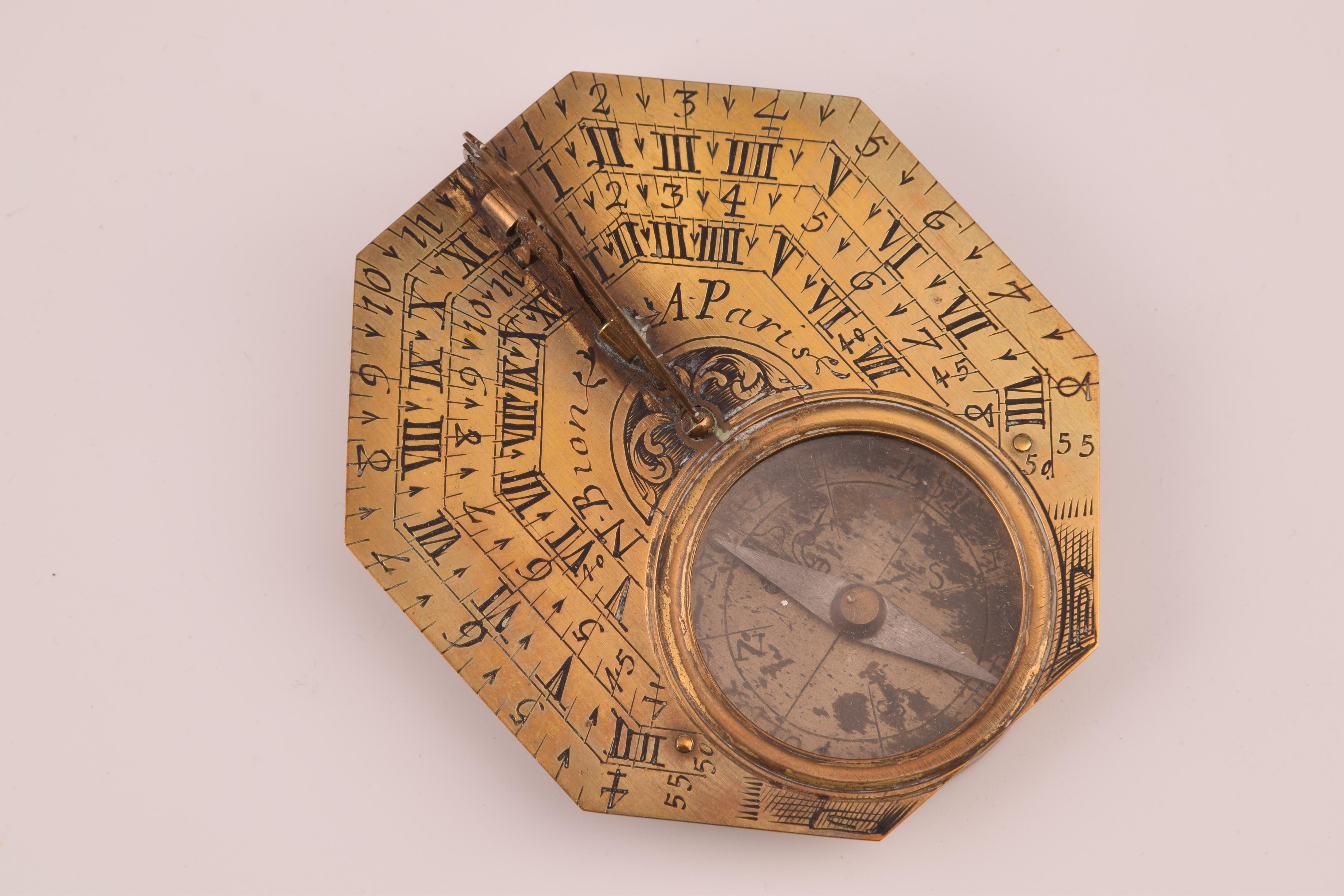 French Sundial with Compass and Case, Bronze, Bion, Nicholas, Paris, 18th Century For Sale